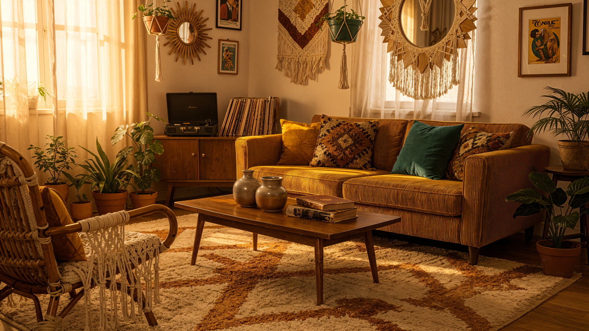 Boho interior living room with mustard sofa, macramé wall hangings, rattan chair, plants and mid-century coffee table — 4K Ultra HD PC Desktop Wallpaper and Background.
