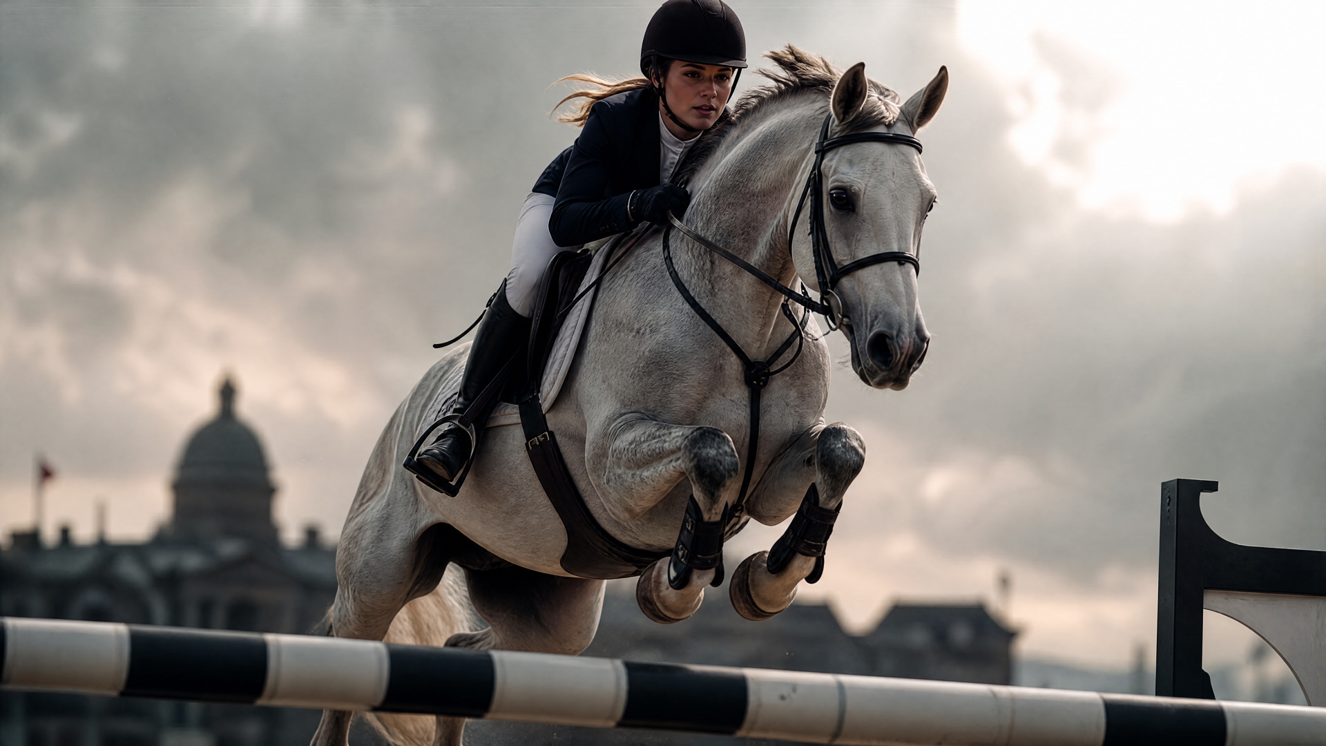 Equestrian 4K Ultra HD PC desktop wallpaper and background: rider on a white horse clearing a show jump against a dramatic, cloudy skyline.