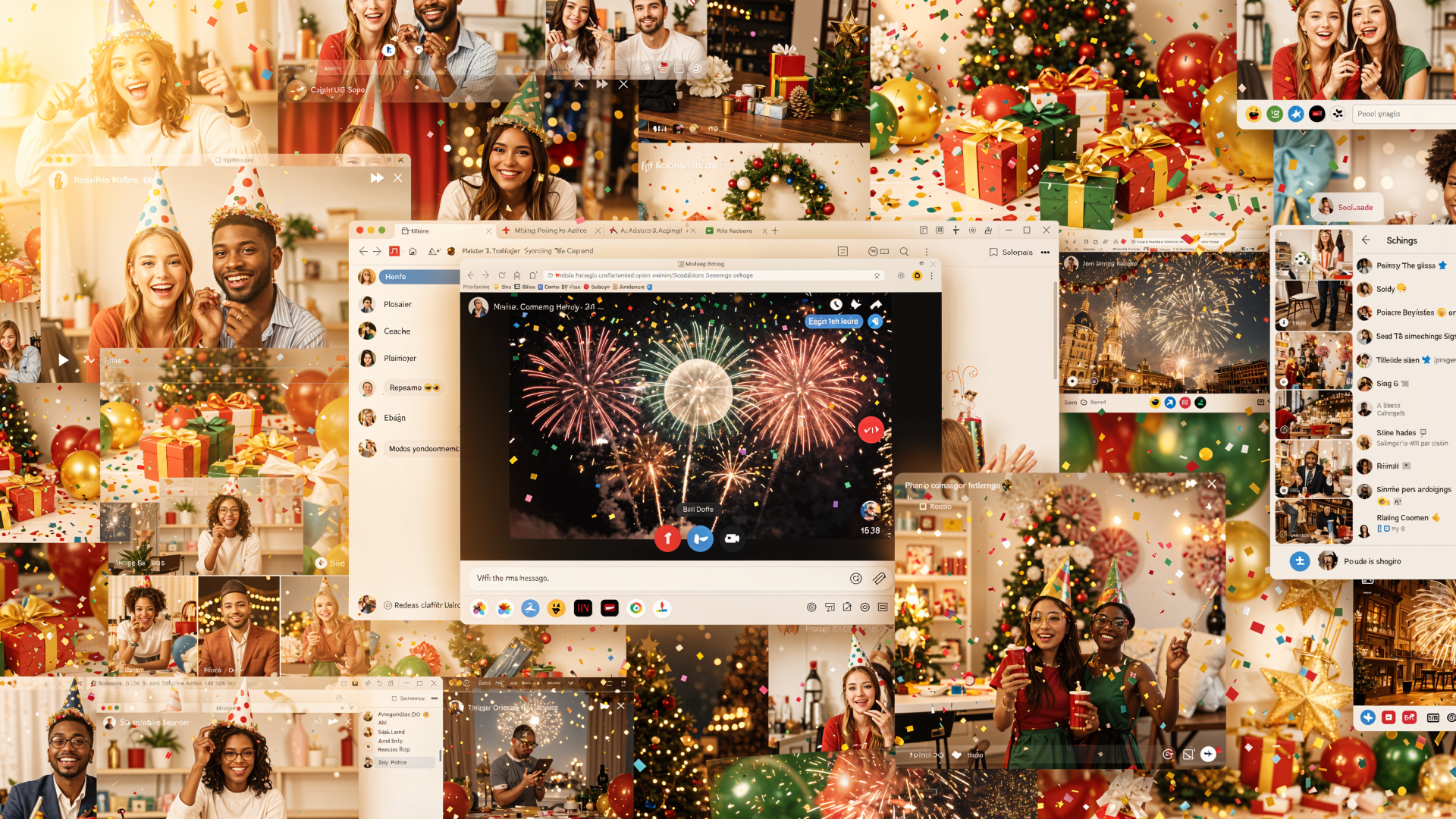 Festive 4K Ultra HD PC desktop wallpaper and background: collage of smiling people on holiday video calls, Christmas trees, gifts and fireworks in layered browser windows.