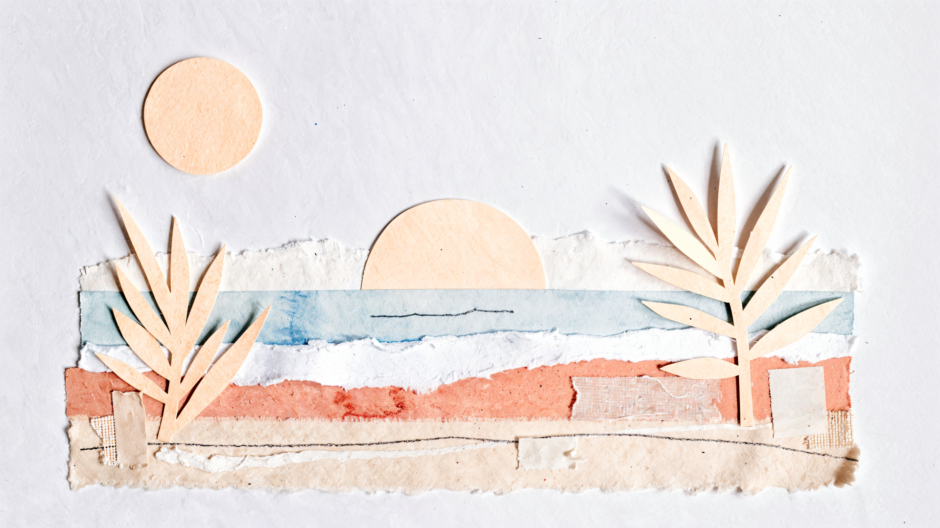 Minimalist summer collage: textured paper beach, pastel sun, ocean horizon and stylized palms — 4K Ultra HD PC desktop wallpaper and background.
