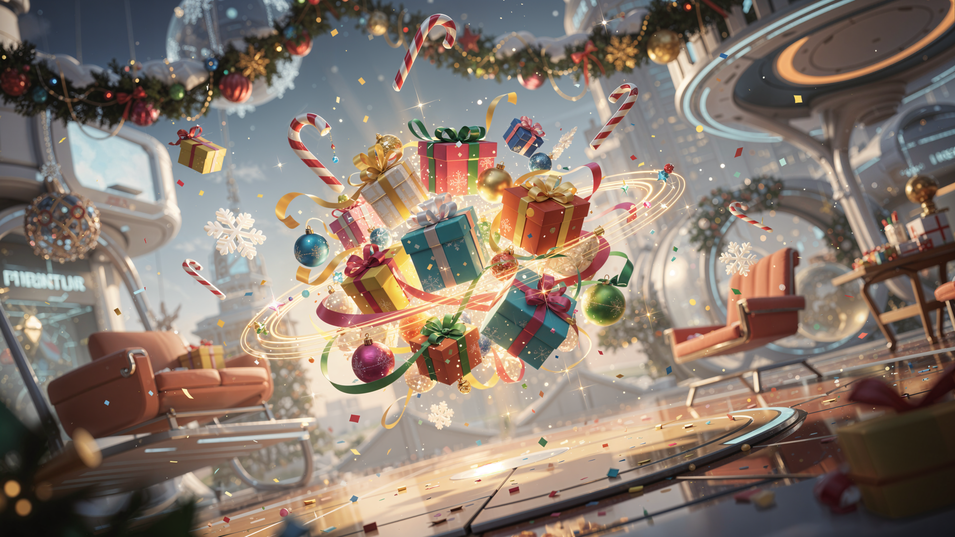 Joyful holiday 4K Ultra HD PC desktop wallpaper and background: floating wrapped gifts, candy canes, ornaments and garlands swirling in a bright futuristic living-room snowfall.