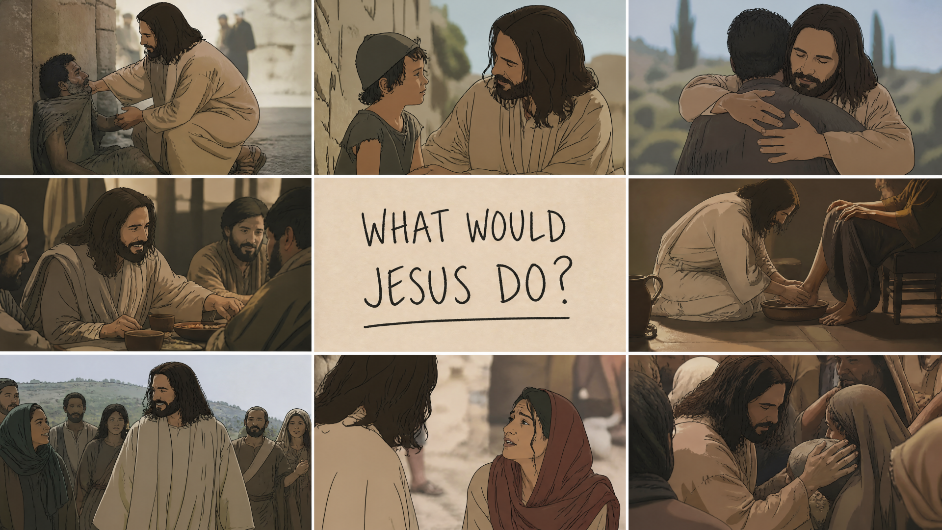 4K Ultra HD PC desktop wallpaper background collage What Would Jesus Do showing Jesus compassionately teaching, healing, embracing and praying with people.