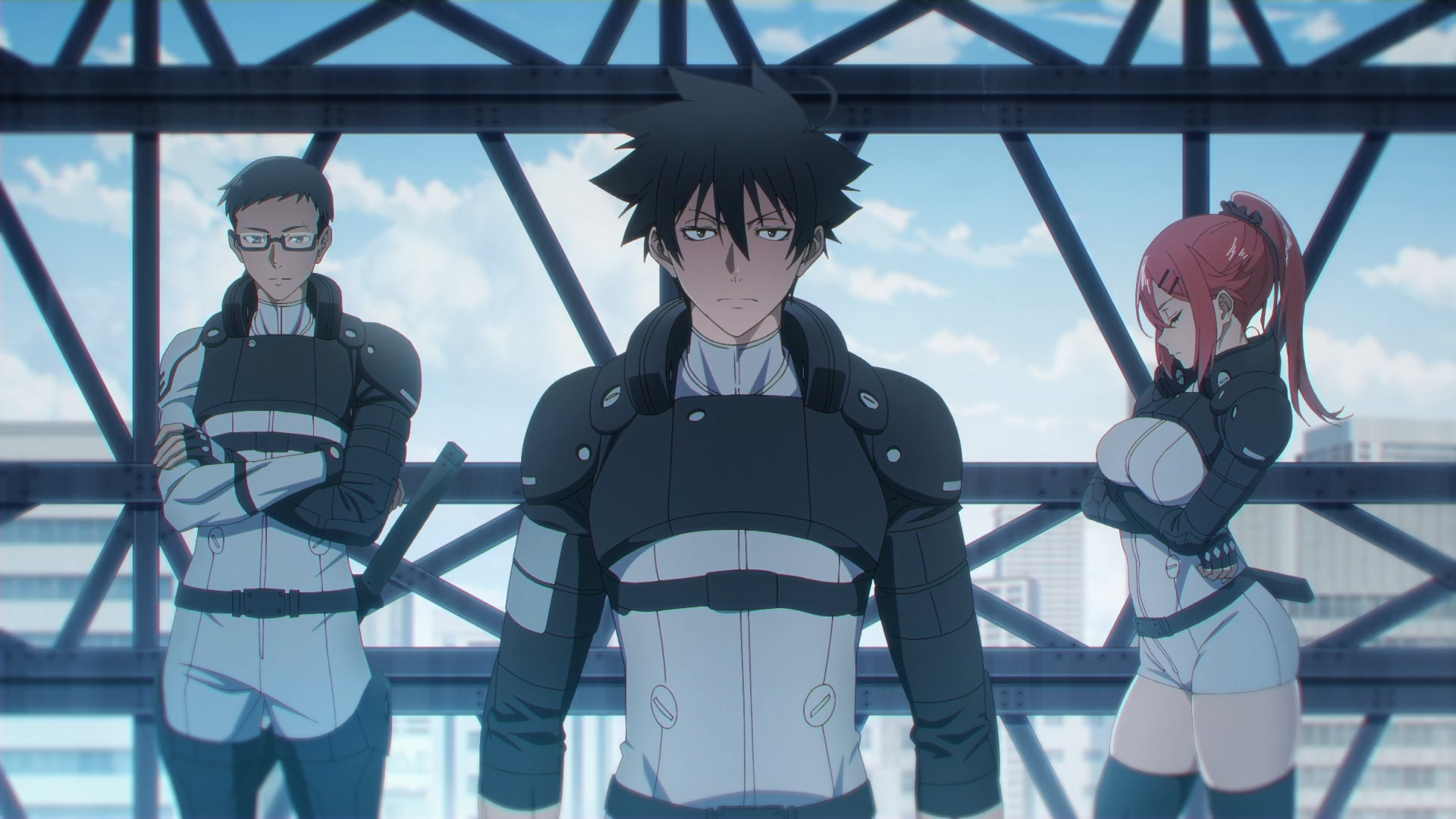 HD anime desktop wallpaper from Black Torch: Jirou Azuma center, Reiji Kirihara left and Ichika Kishimojin right, posing against an industrial steel-and-sky background.