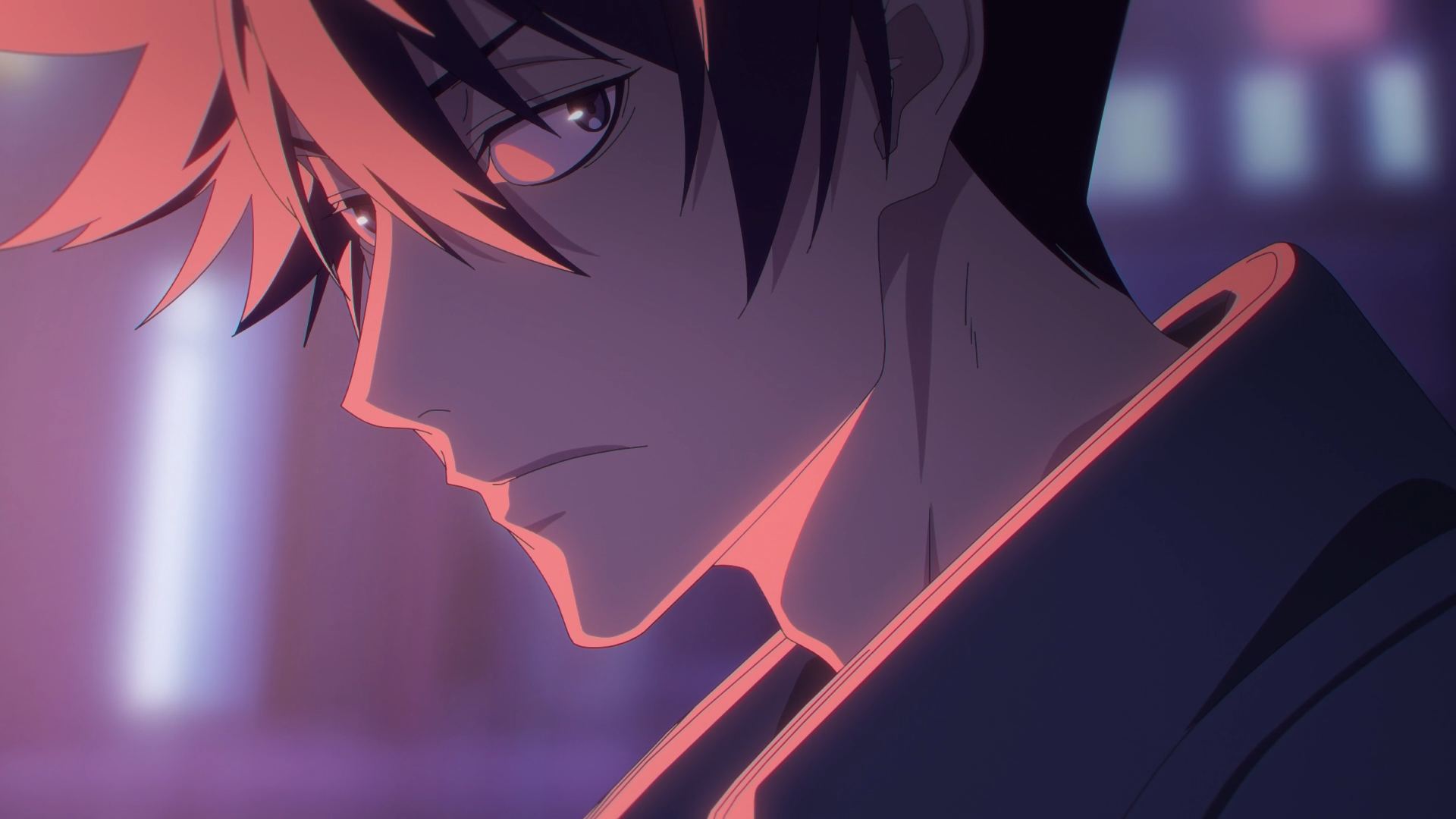 Close-up profile of Jirou Azuma from Black Torch, moody anime portrait with neon lighting — HD PC desktop wallpaper.