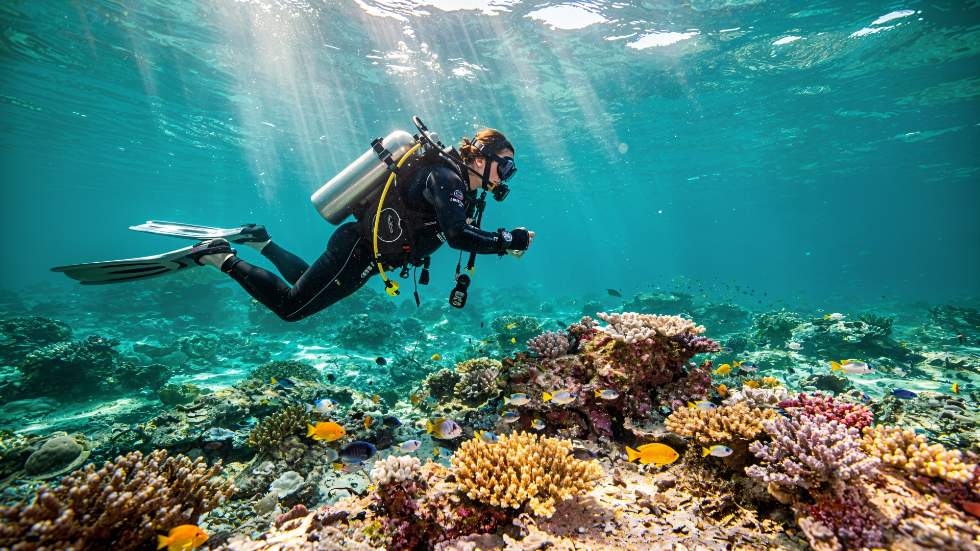 4K Ultra HD PC desktop wallpaper: scuba diver photographing a vibrant coral reef and colorful fish beneath sunlit turquoise water.