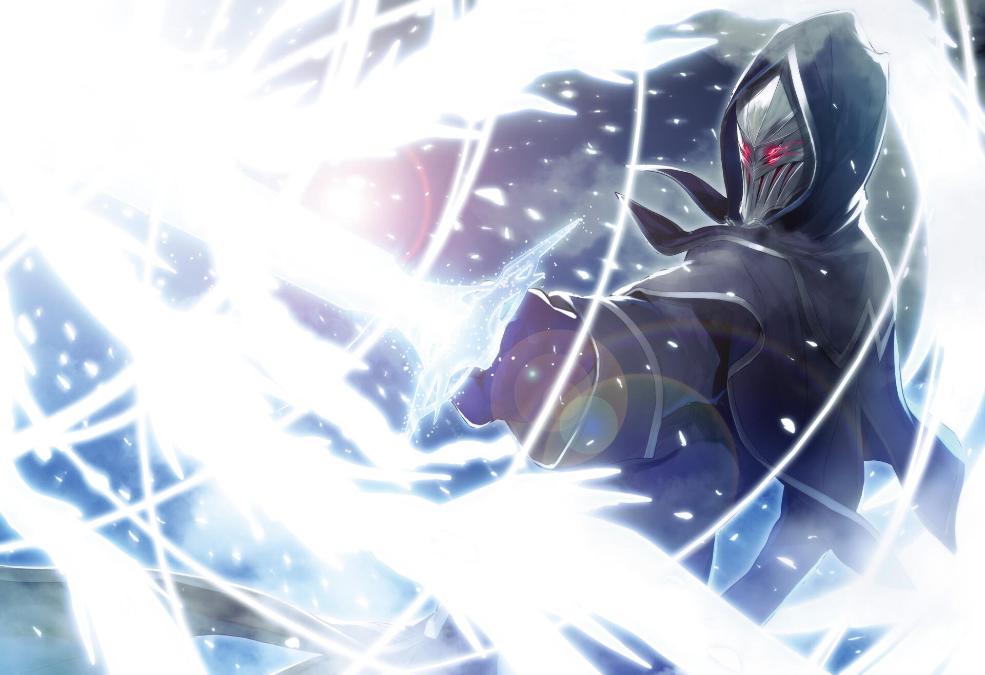2K Quad HD anime wallpaper of Arnold Lakes Adler (The Insipid Prince's Furtive Grab for the Throne): hooded, red-eyed figure summoning swirling white-blue energy.