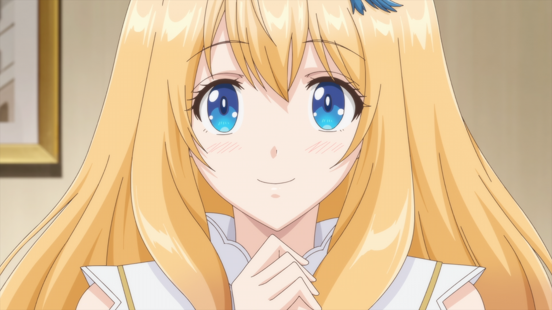 HD PC wallpaper: Fiine von Clinert from The Insipid Prince's Furtive Grab for the Throne — blonde, blue‑eyed anime girl smiling with hands clasped at her chest.