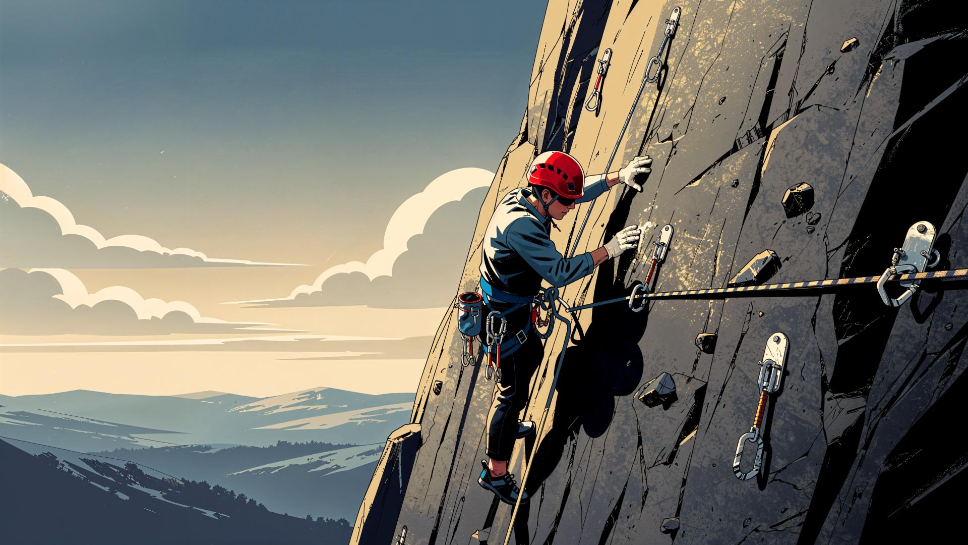 4K Ultra HD PC desktop wallpaper: climber in red helmet scaling a steep, gear-lined rock face at sunset with layered mountain ranges and cloudy sky in the distance.
