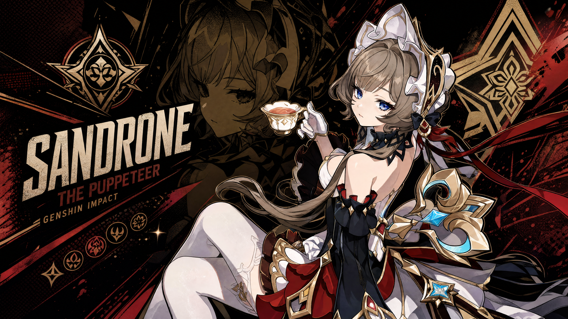 Sandrone (Genshin Impact) 4K Ultra HD PC desktop wallpaper and background: puppeteer Sandrone in ornate red-black costume, holding a teacup before a stylized emblem.