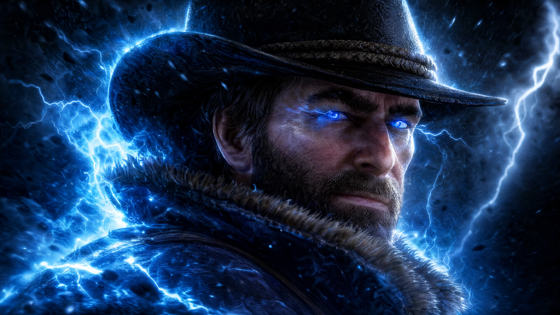 Arthur Morgan close-up with glowing blue eyes and crackling lightning, 4K Ultra HD PC desktop wallpaper and background.
