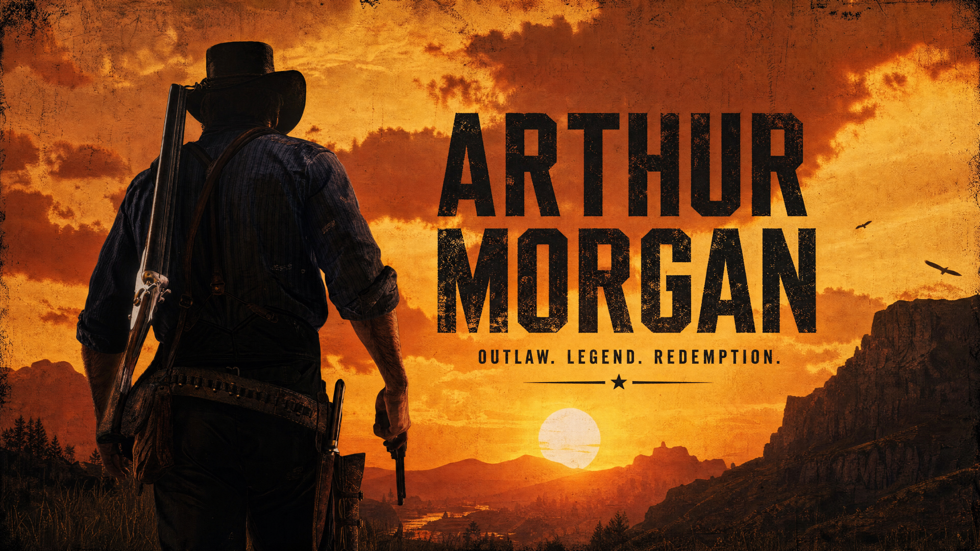Arthur Morgan 4K Ultra HD PC desktop wallpaper/background: silhouetted gunslinger with rifle and pistol against a fiery sunset, bold Arthur Morgan title and tagline.