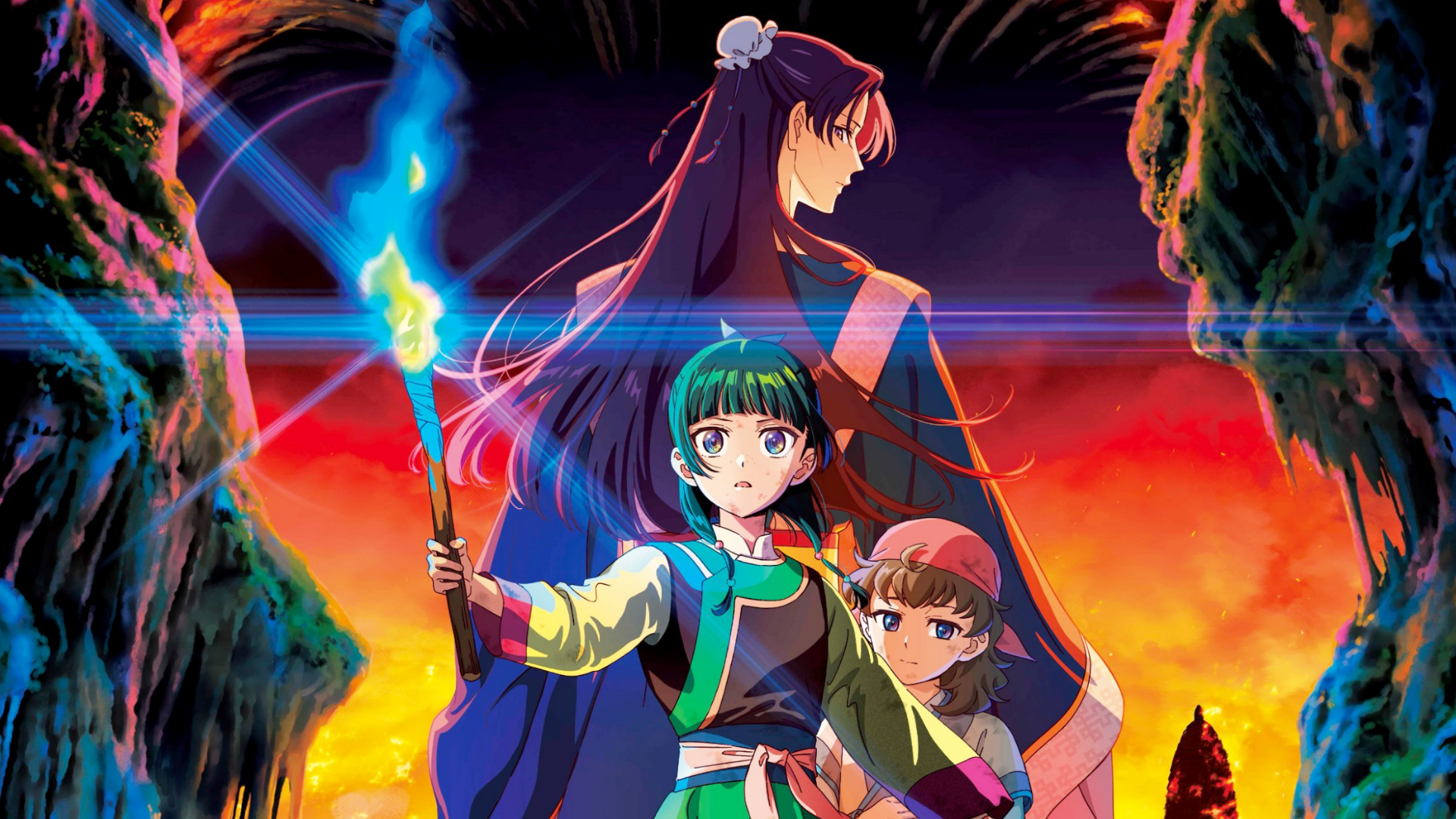 HD PC desktop wallpaper of the anime The Apothecary Diaries the Movie: The Late Consort’s Secret Treasure — three characters, a green‑haired heroine holding a blue-flame torch before a fiery cavern backdrop.