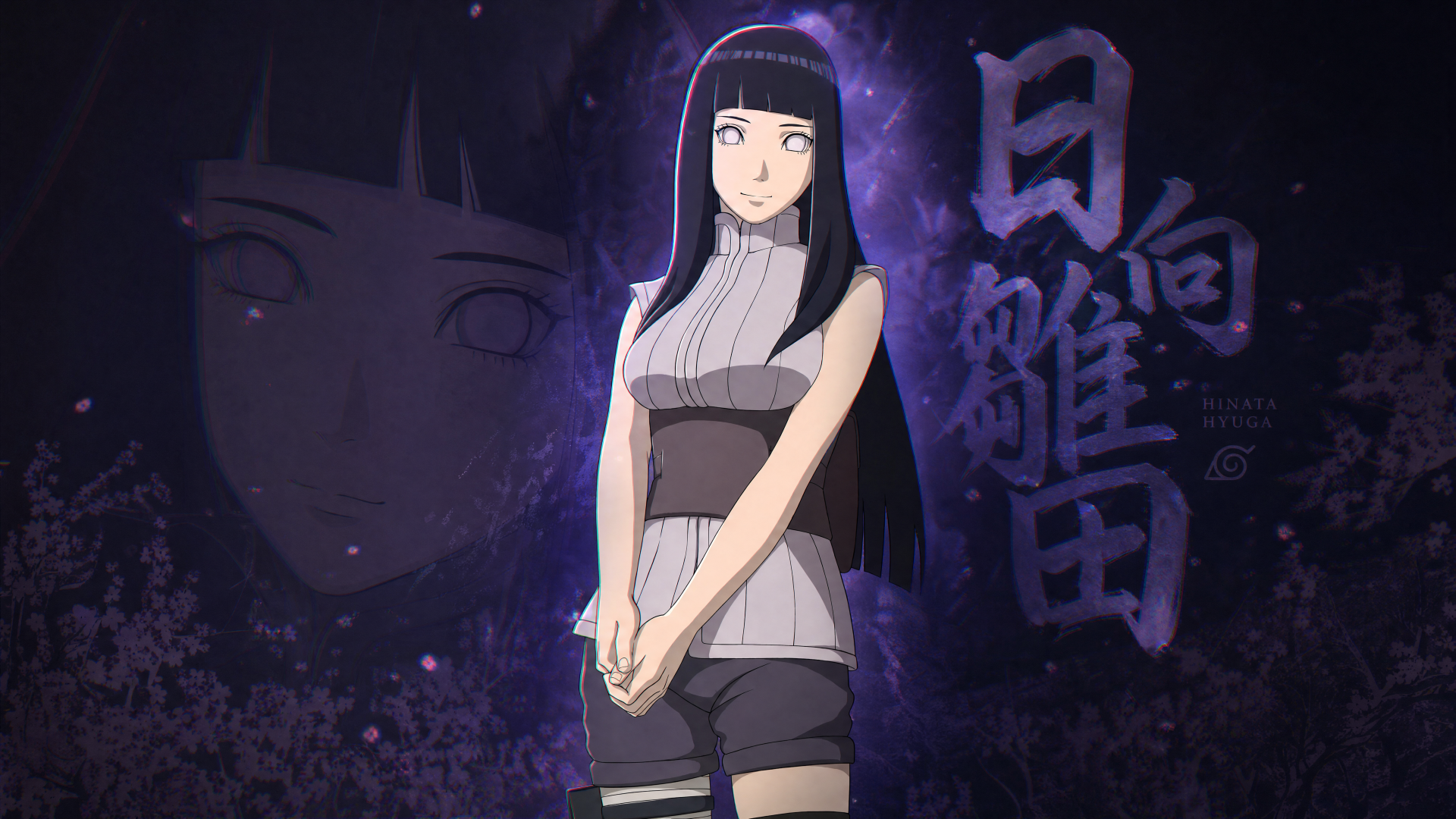 Hinata Hyuga stands center with hands clasped, framed by a purple cosmic glow and large kanji in the background; 4K Ultra HD PC desktop wallpaper and background.