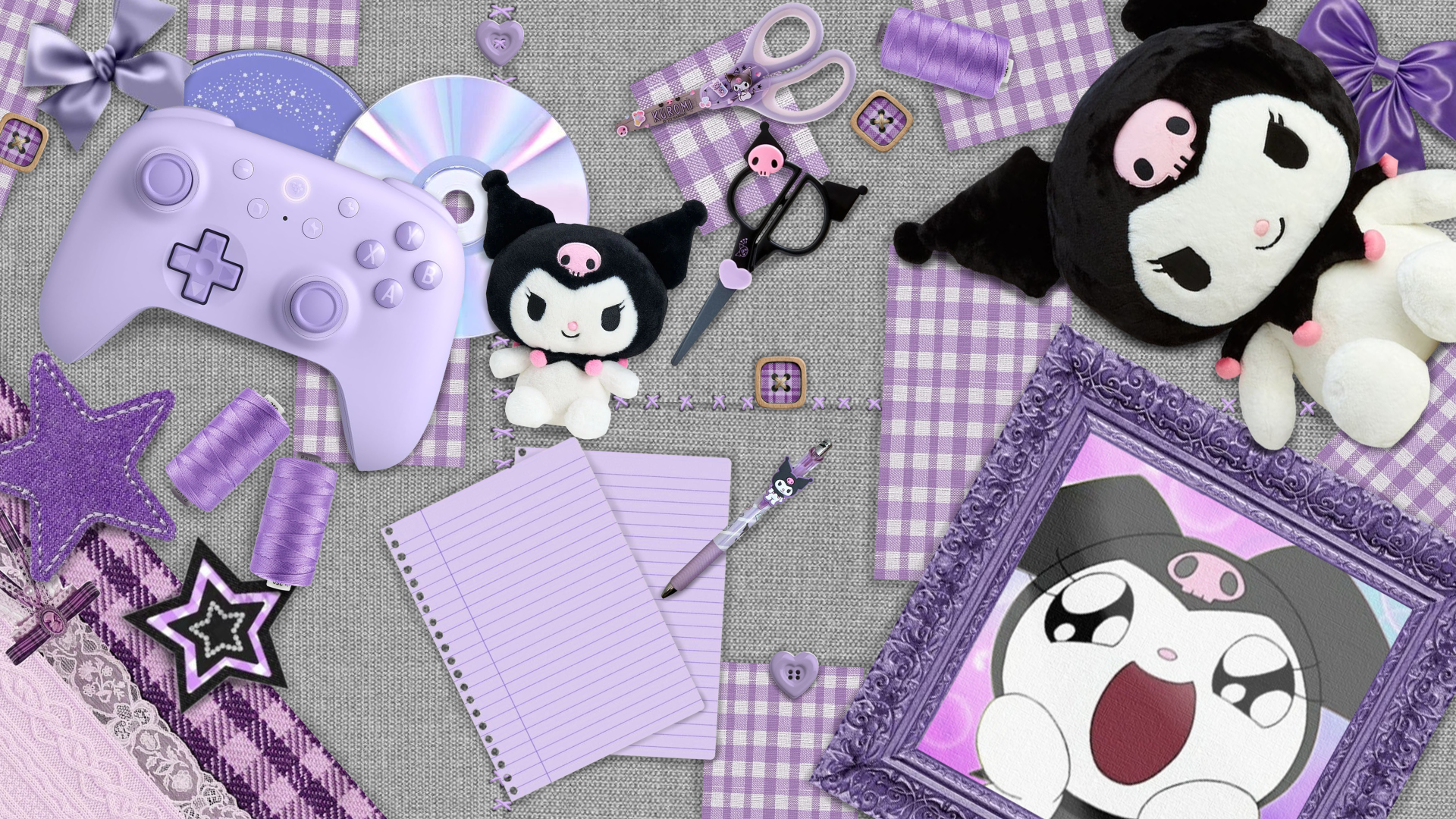 4K Ultra HD PC desktop wallpaper/background featuring Kuromi (Onegai My Melody) plushies and framed art amid purple gaming controller, stationery, ribbons and decorative accessories.