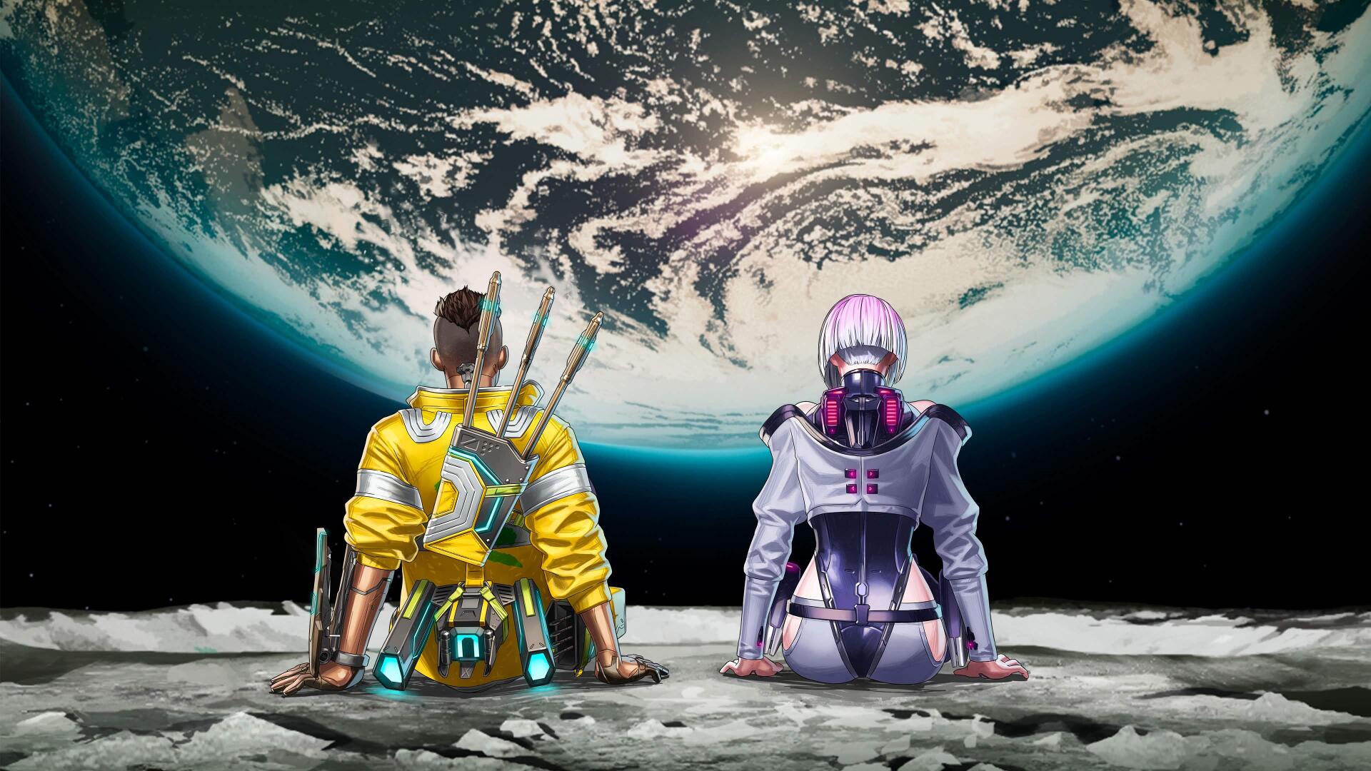 4K Ultra HD PC wallpaper: Apex Legends x Cyberpunk: Edgerunners crossover — two futuristic characters sit on a moonlike surface, Earth rising above the dark horizon.