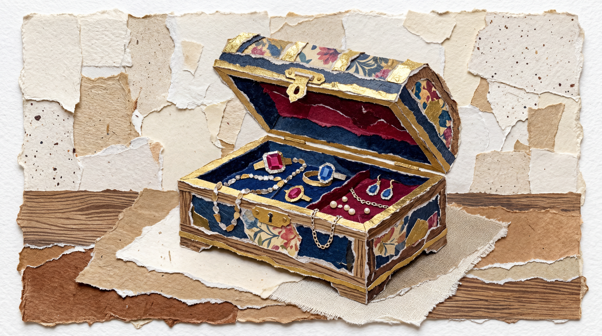 5K Ultra HD PC desktop wallpaper and background: ornate floral jewelry box open on a wooden table, displaying rings, earrings and a string of pearls.