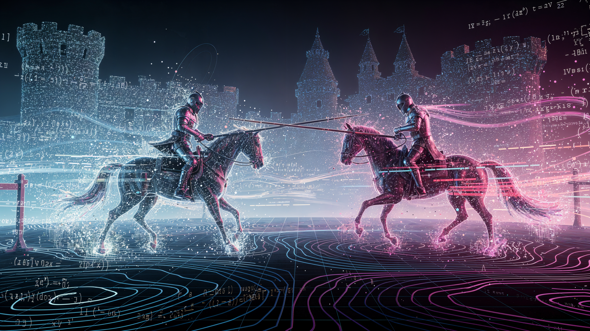 4K Ultra HD PC desktop wallpaper of futuristic jousting: neon wireframe knights on horseback clash lances before a holographic castle, glowing grid and circuit-like landscape.
