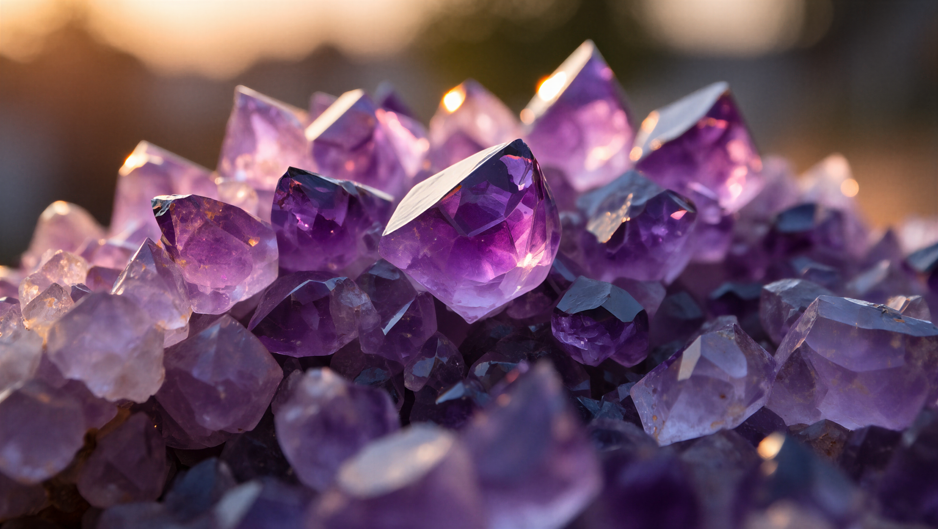 Macro view of purple amethyst crystal cluster with glowing facets and warm bokeh — 5K Ultra HD PC desktop wallpaper/background.