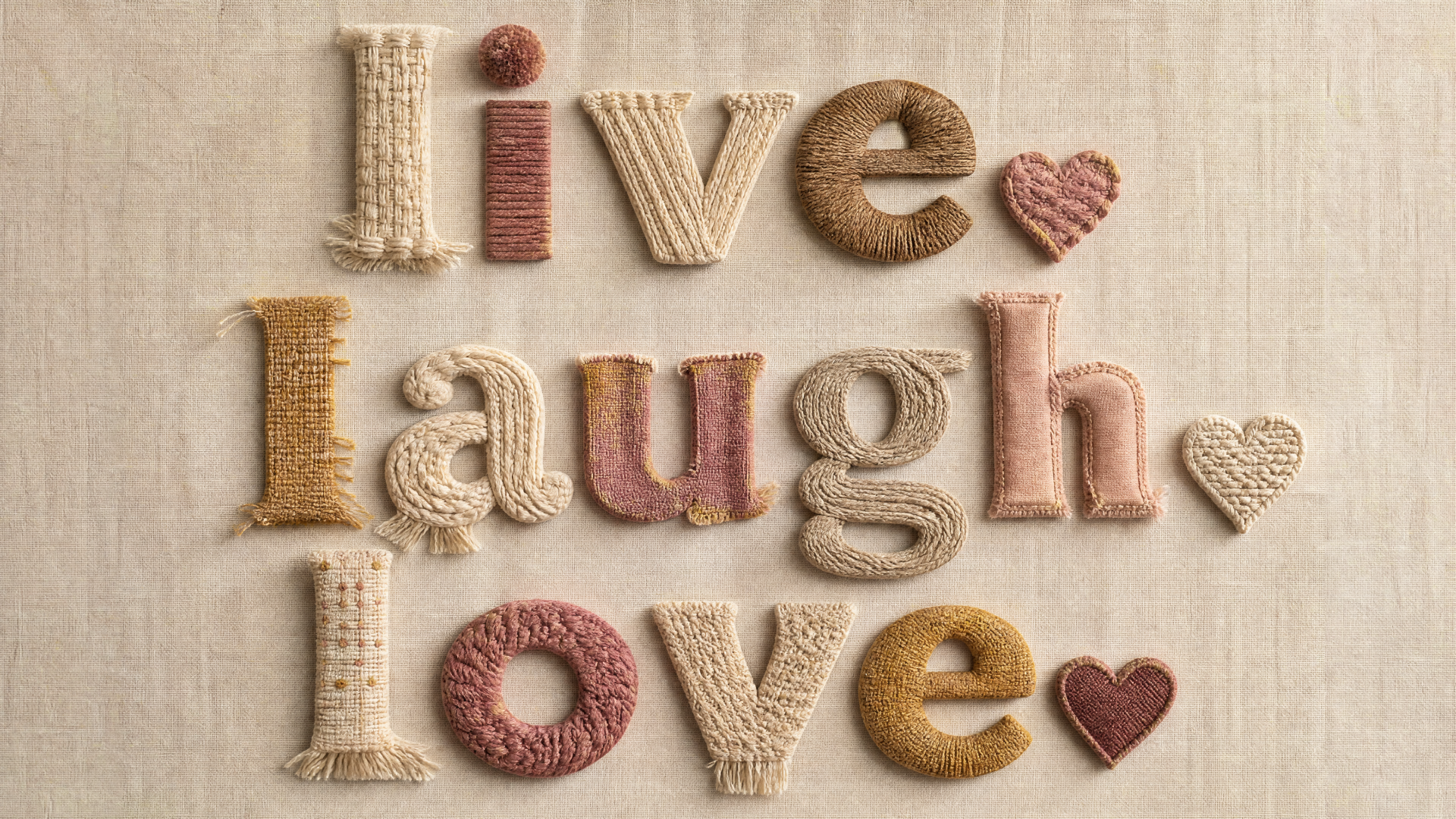 Knitted yarn letters spell live laugh love with heart motifs on a neutral woven backdrop — 4K Ultra HD PC desktop wallpaper and background.