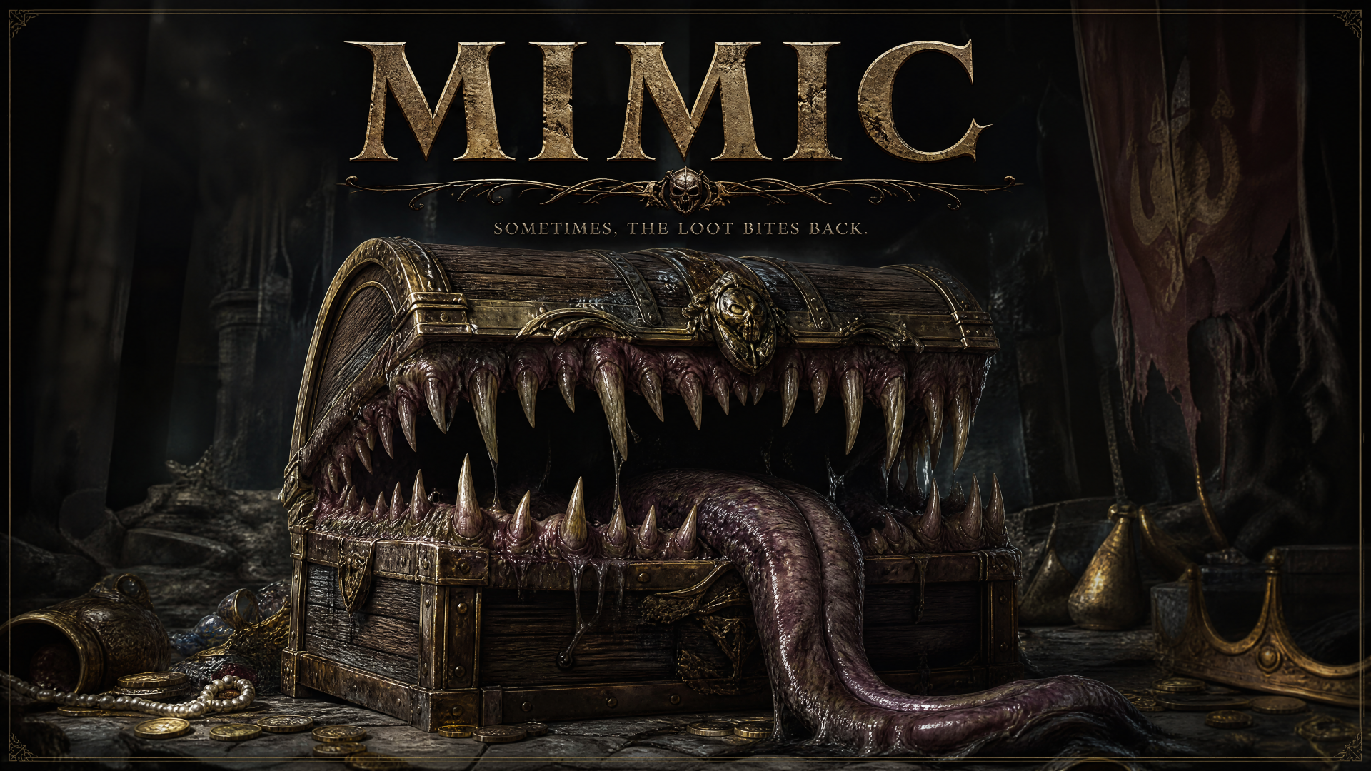 4K Ultra HD PC desktop wallpaper depicting a fantasy mimic: a treasure chest with a gaping, tooth-filled maw and long tongue lurking among scattered gold in a dark dungeon.