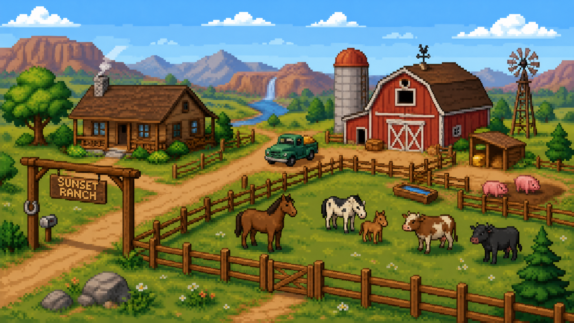 4K Ultra HD PC desktop wallpaper and background: vibrant ranch with red barn and silo, farmhouse, windmill, truck, fenced pasture of horses, cows and pigs with distant mountains.