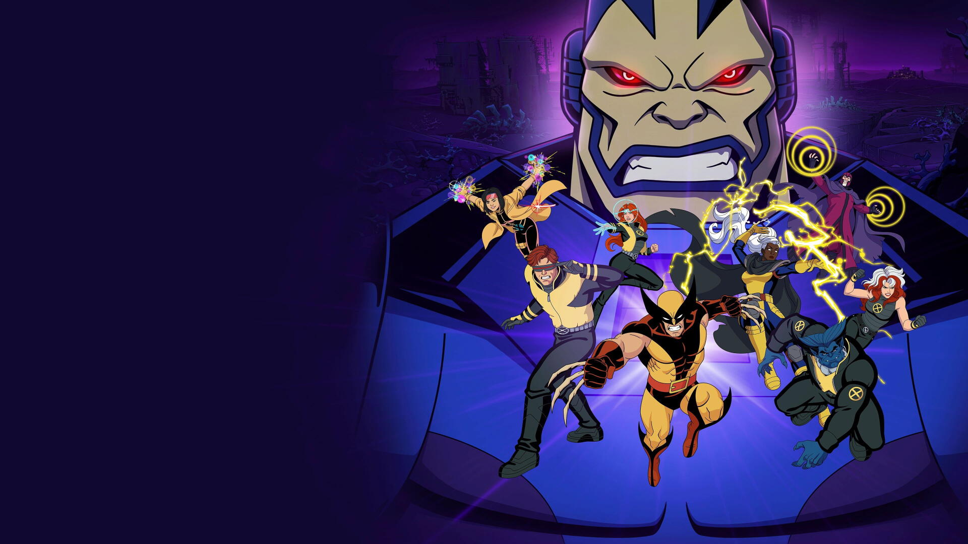 X-Men '97 team springs forward before a looming villain with glowing eyes on a deep purple backdrop — 4K Ultra HD PC desktop wallpaper and background