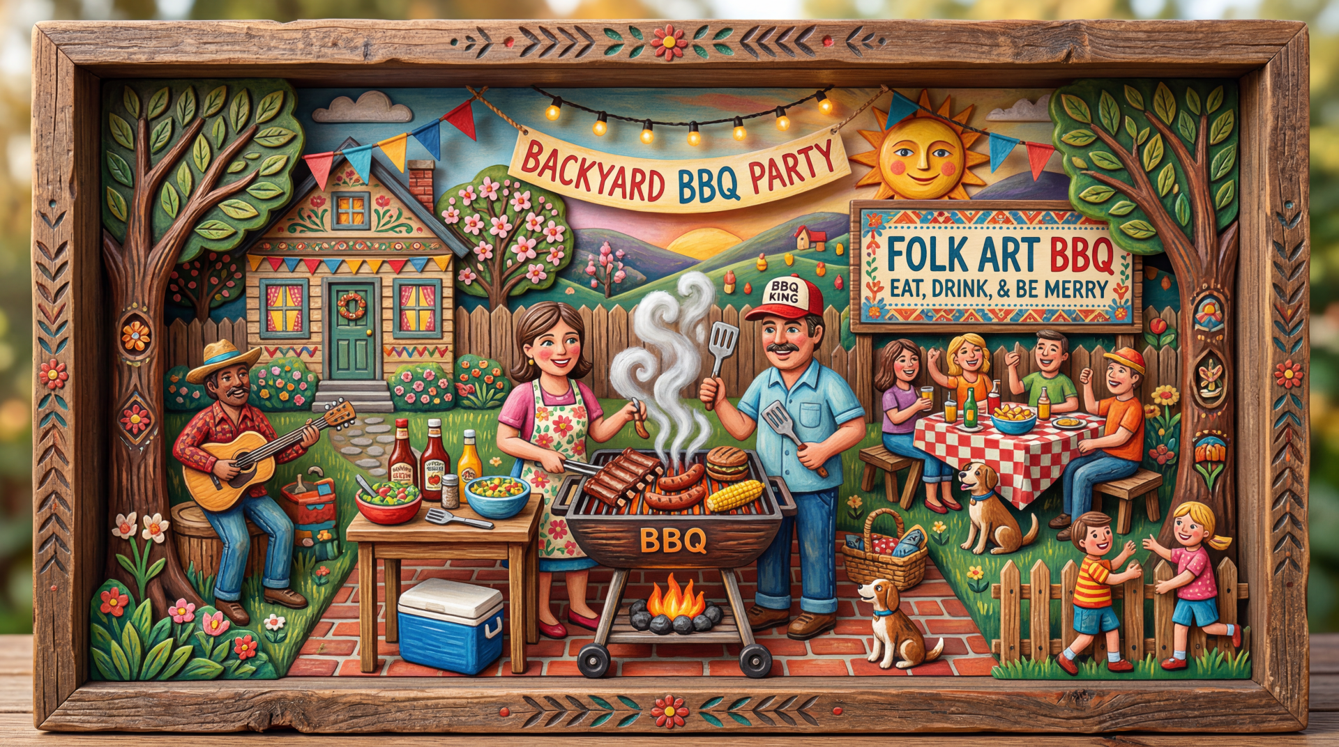5K Ultra HD PC desktop wallpaper and background: colorful folk-art backyard BBQ scene—family grilling at a central smoker, musicians, picnic table, bunting, dogs and detailed garden decor.