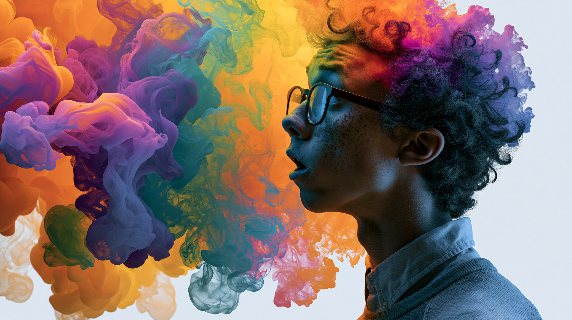 Profile of a person with glasses exhaling vivid, swirling rainbow clouds; vibrant colors and abstract plumes — 2K Quad HD PC desktop wallpaper and background.