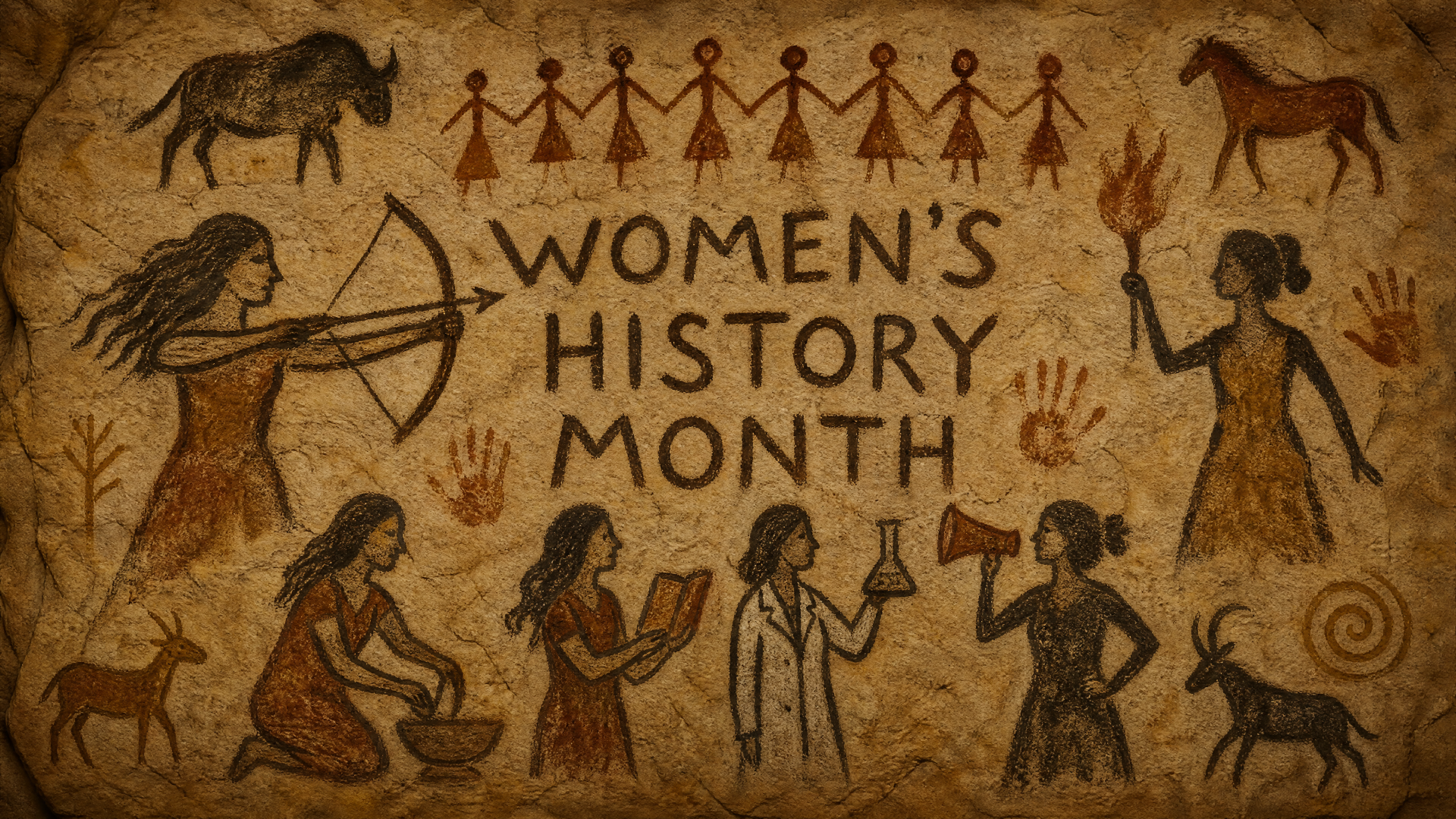 4K Ultra HD PC desktop wallpaper/background celebrating Women's History Month: stylized mural of women across eras—archer, reader, scientist, healer, torchbearer on textured parchment.