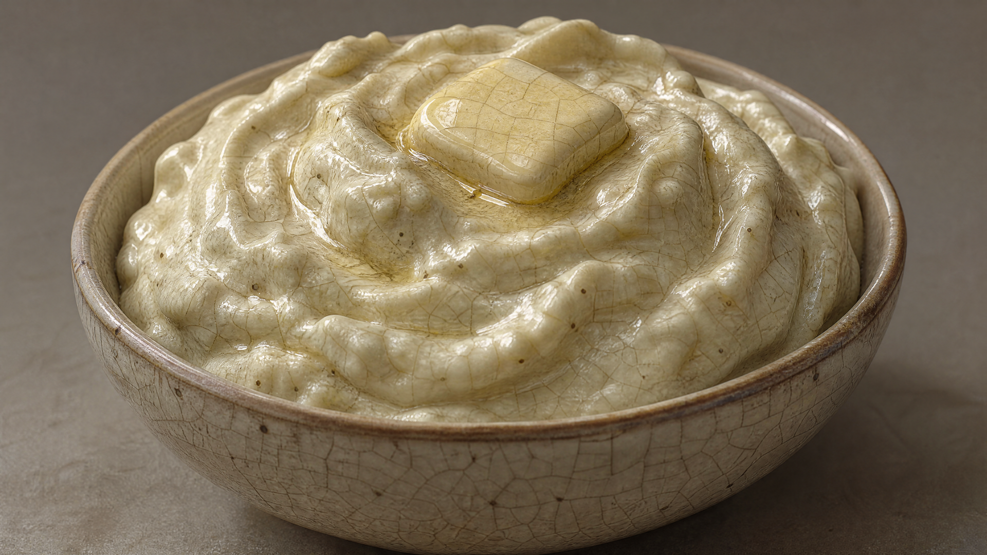 4K Ultra HD PC desktop wallpaper: close-up of creamy mashed potatoes in a rustic bowl topped with a melting pat of butter.
