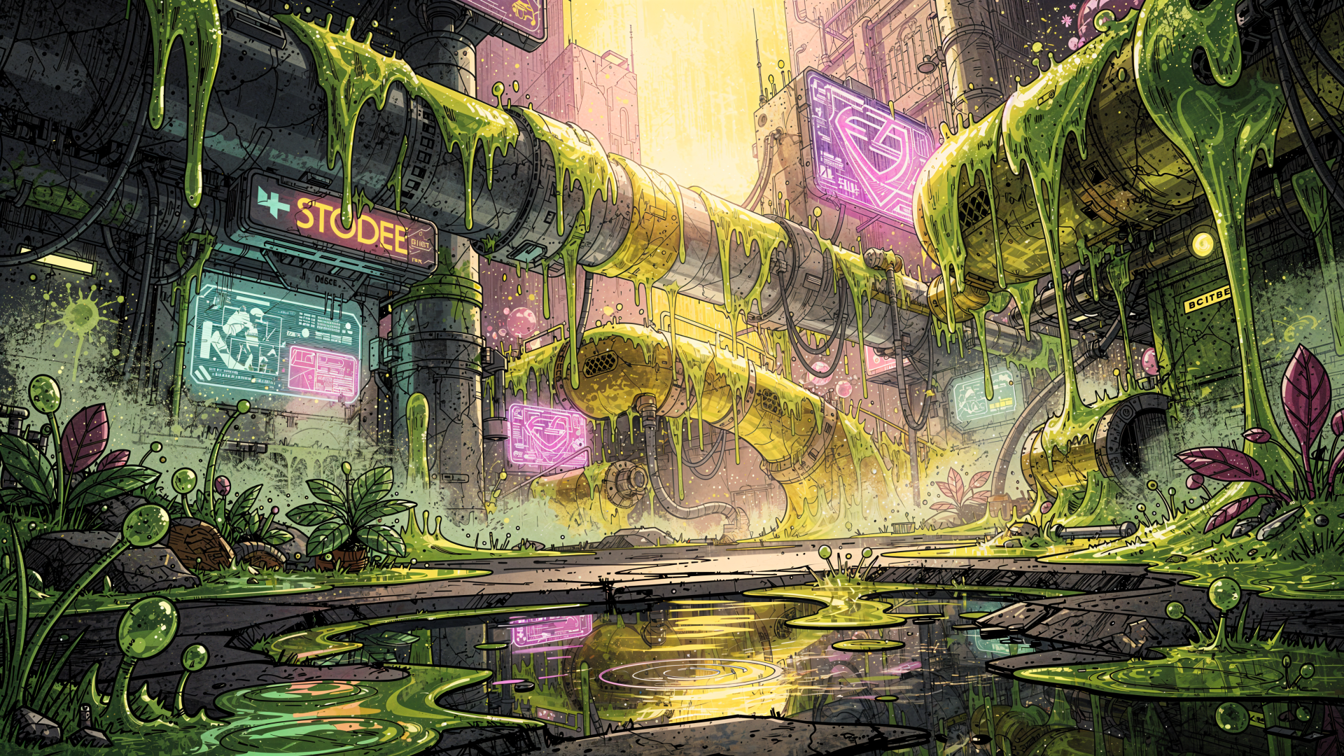 4K Ultra HD PC desktop wallpaper: neon-lit, overgrown cyberpunk alley with mossy pipes, bioluminescent plants, wet reflective puddles and glowing signs under a hazy golden sky.