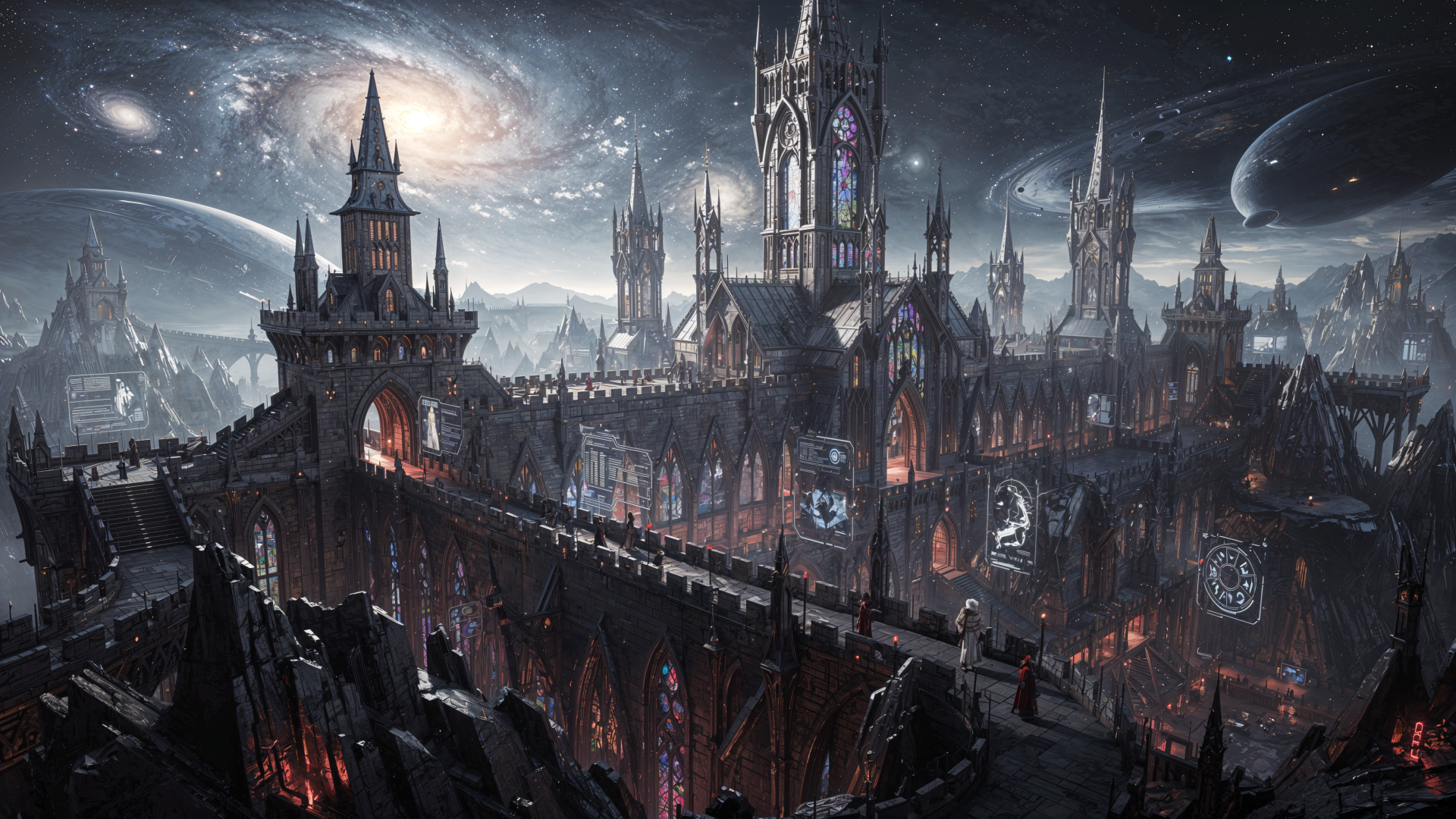 4K Ultra HD PC desktop wallpaper and background: sprawling gothic fortress city with spires, glowing banners and molten fissures under a starry, moonlit cosmic sky.