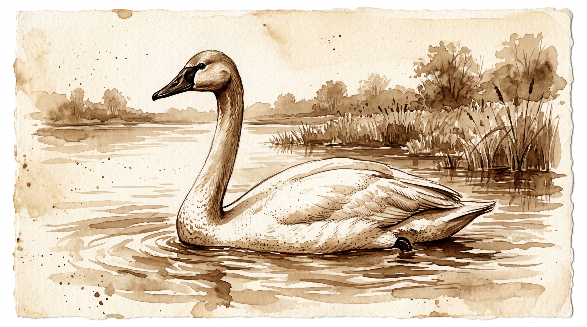 Sepia watercolor of a Trumpeter swan gliding through marsh reeds, 5K Ultra HD PC desktop wallpaper and background.
