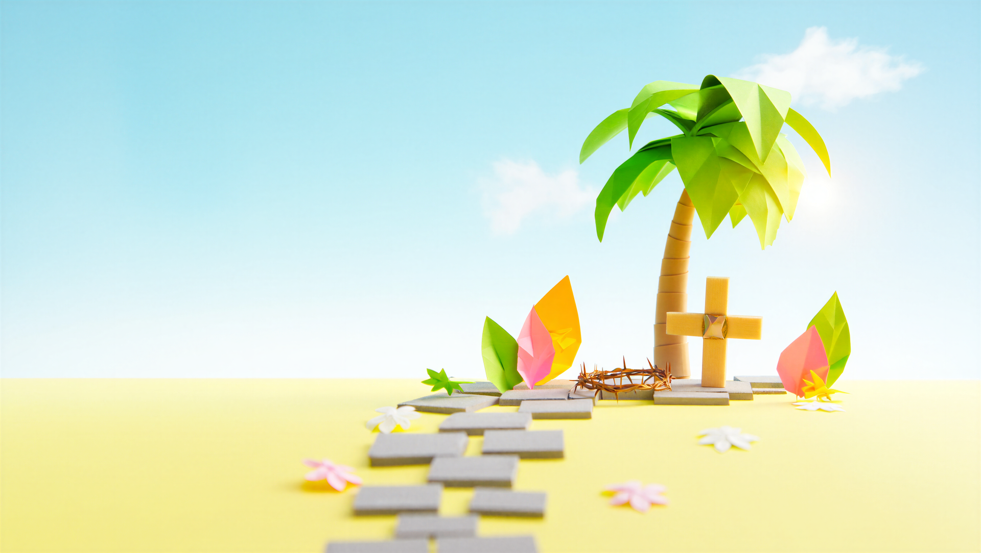 Palm Sunday 5K Ultra HD PC desktop wallpaper background: stylized bright sandy scene with a palm tree, wooden cross, colorful palm fronds, scattered flowers and a stepping-stone path.