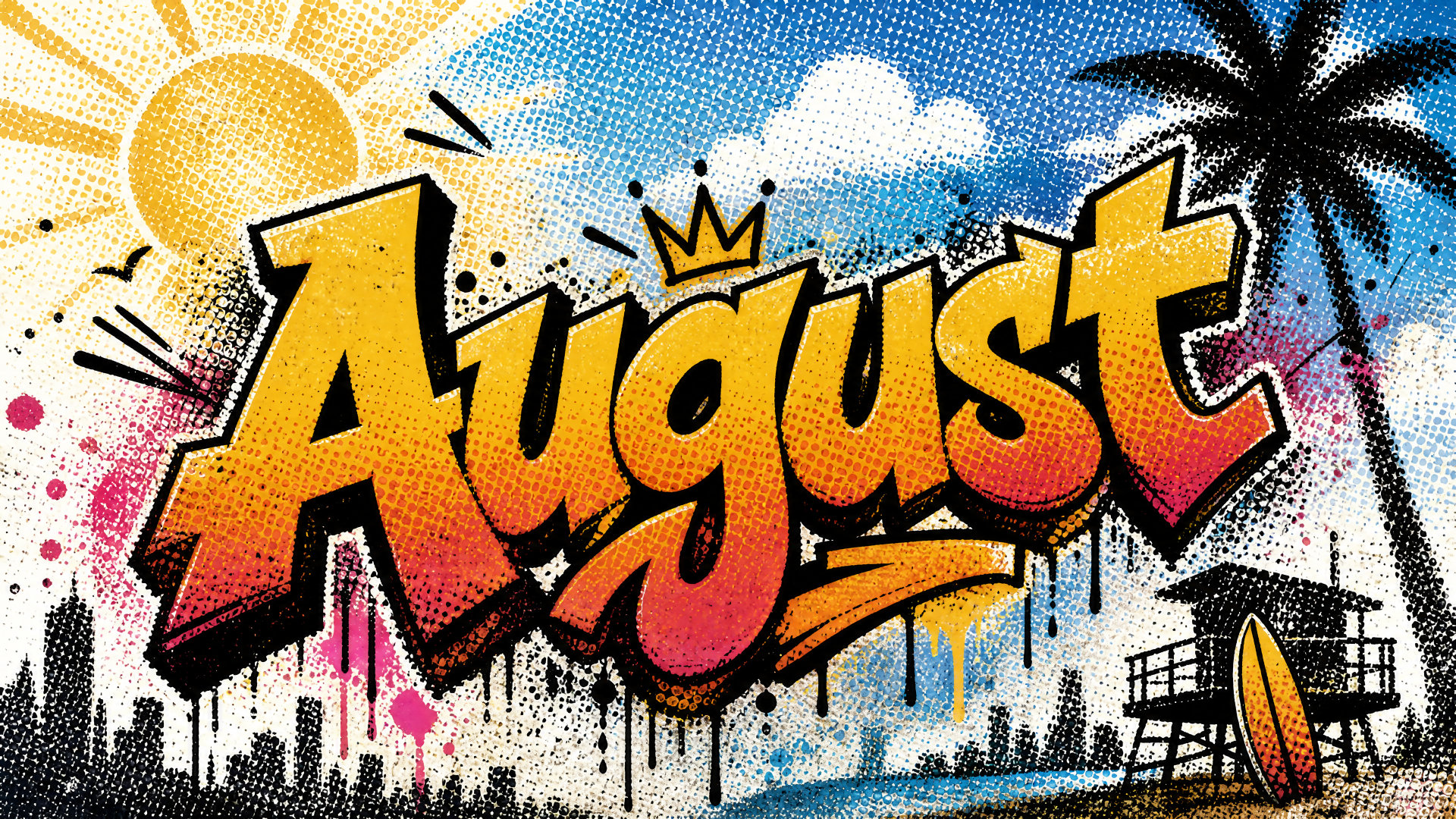 Graffiti-style August lettering with sun, palm trees, surfboard and city skyline in bright, pop-art colors — 4K Ultra HD PC desktop wallpaper and background.