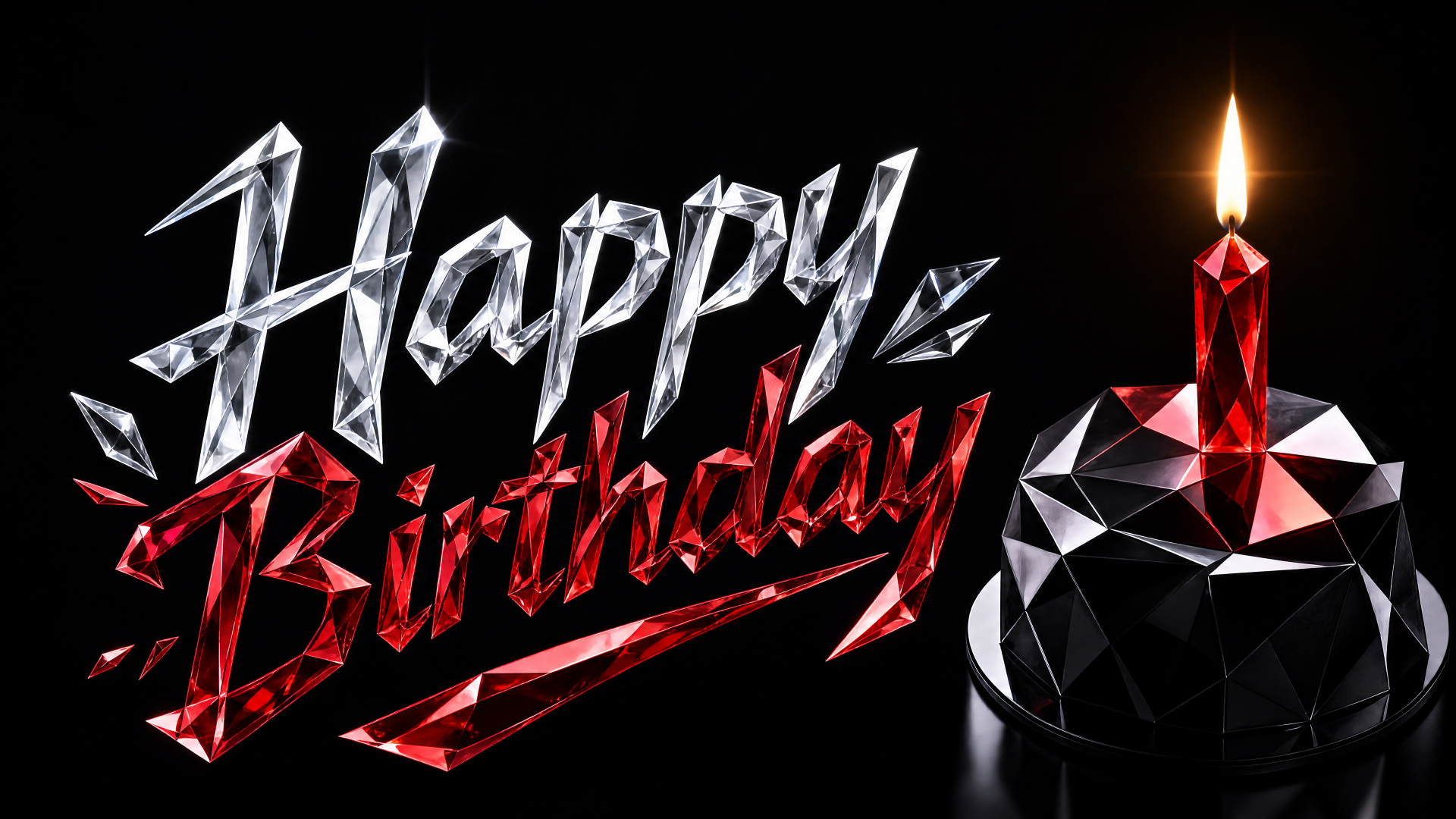 4K Ultra HD PC desktop wallpaper: faceted crystal Happy Birthday lettering in silver and red on black with a geometric candle and glowing flame.