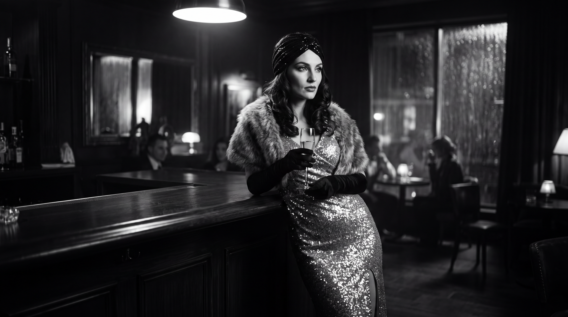 Glam 5K Ultra HD PC desktop wallpaper and background: black-and-white image of a woman in a sequined gown and fur stole leaning at a bar, holding a drink in a smoky vintage lounge.