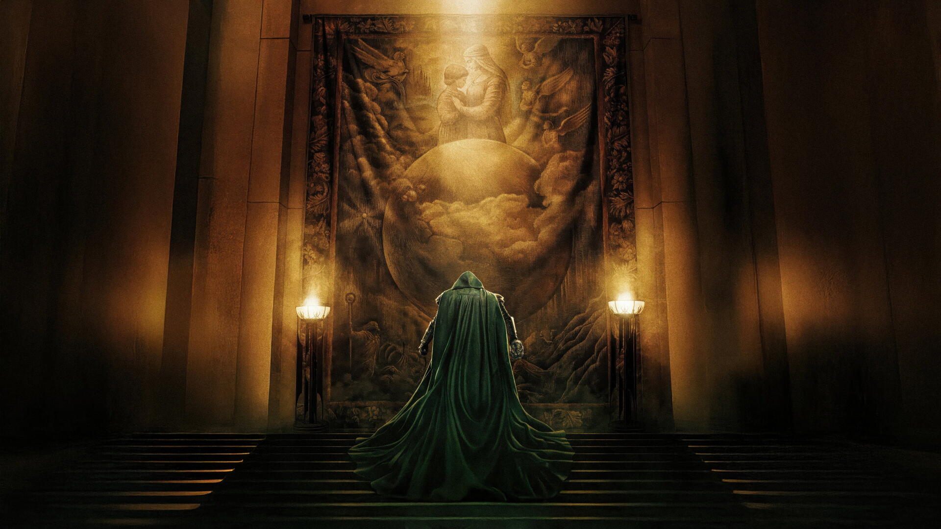 Avengers: Doomsday — cloaked figure stands before a towering mural in a dim, torchlit throne hall; dramatic, cinematic 4K Ultra HD PC desktop wallpaper and background.
