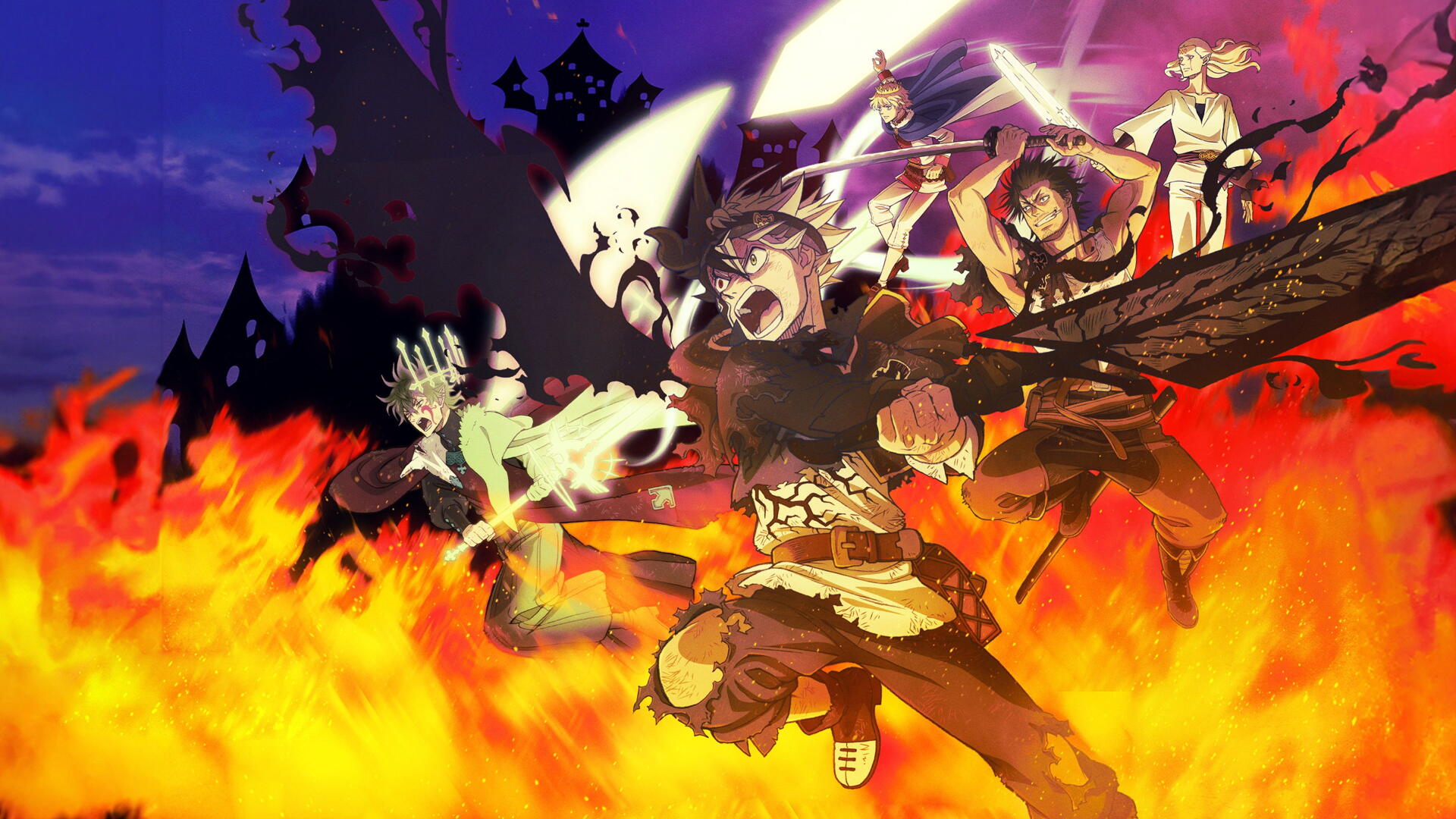 Black Clover anime heroes clash amid roaring flames, a dark fortress silhouette and stormy sky — 4K Ultra HD PC desktop wallpaper and background.