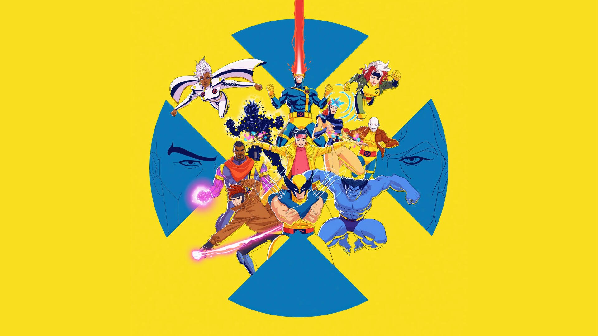 X-Men '97 8K Ultra HD PC desktop wallpaper: bright yellow backdrop with a blue X emblem and the animated X‑Men team posed dynamically at the center.