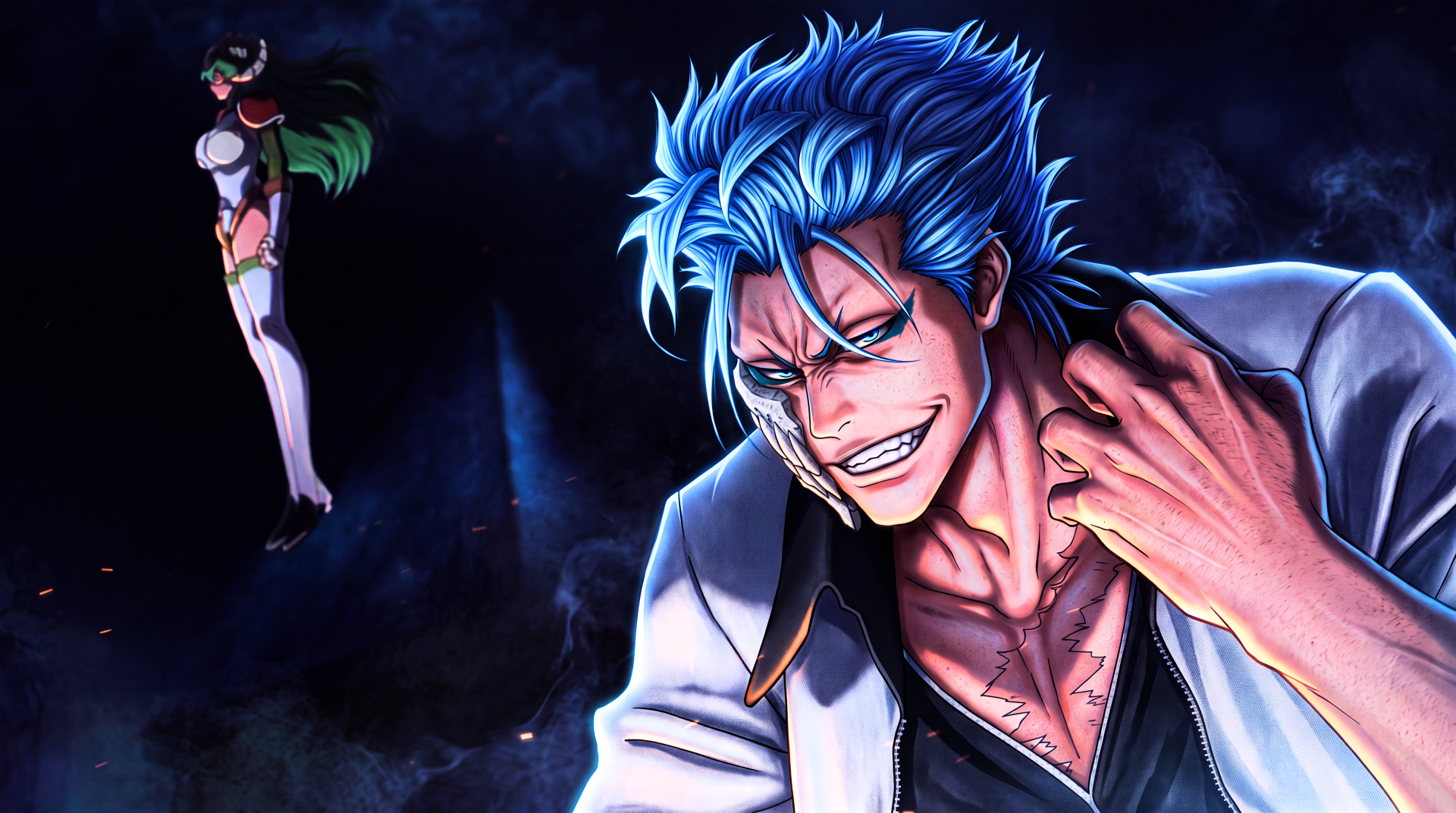 Bleach: Thousand-Year Blood War 5K Ultra HD desktop wallpaper — Grimmjow Jaegerjaquez smirks in the foreground as Nelliel Tu Odelschwanck stands in the distant, dark-blue background.