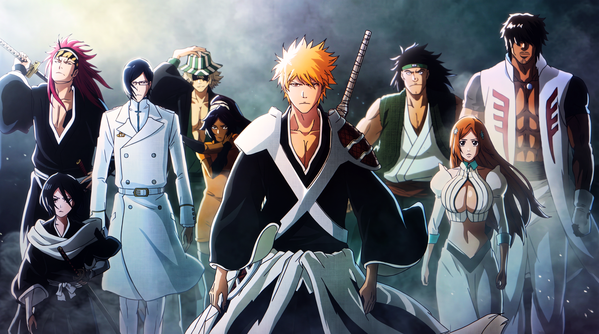 Bleach: Thousand-Year Blood War 5K Ultra HD PC wallpaper showing Ichigo Kurosaki front and center with Orihime Inoue, Uryu Ishida, Kisuke Urahara and allies standing behind him.