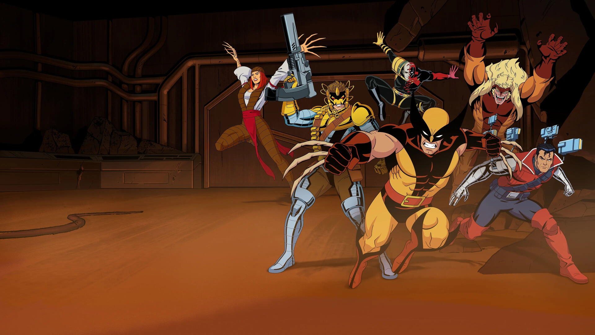 X-Men '97 team striking dynamic action poses in front of an industrial brown backdrop — 4K Ultra HD PC desktop wallpaper and background.