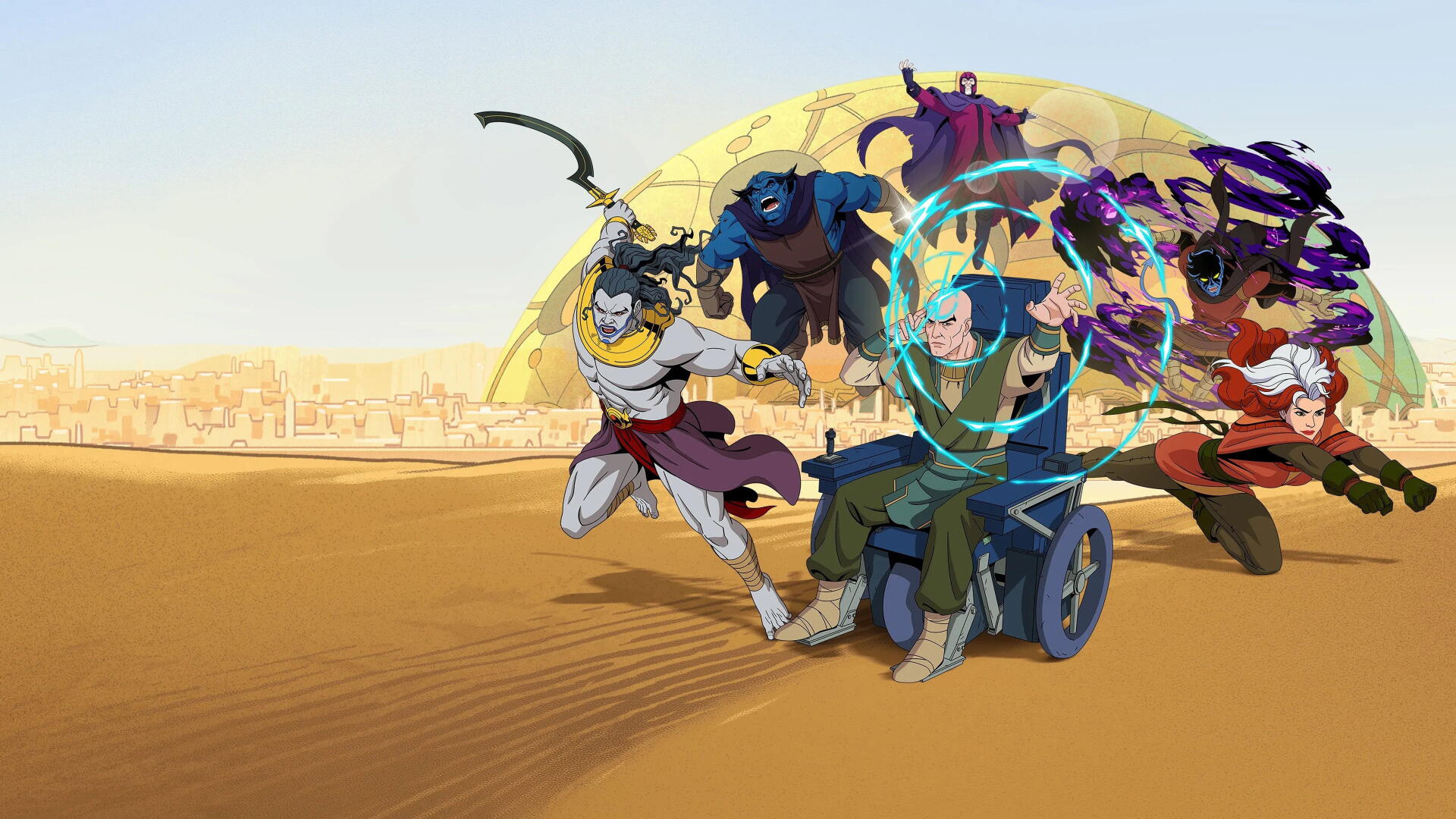 X-Men '97 team sprinting across a sunlit desert — wheelchair-bound leader surrounded by psychic rings, mutants with claws, wings and armor — 4K Ultra HD PC desktop wallpaper/background