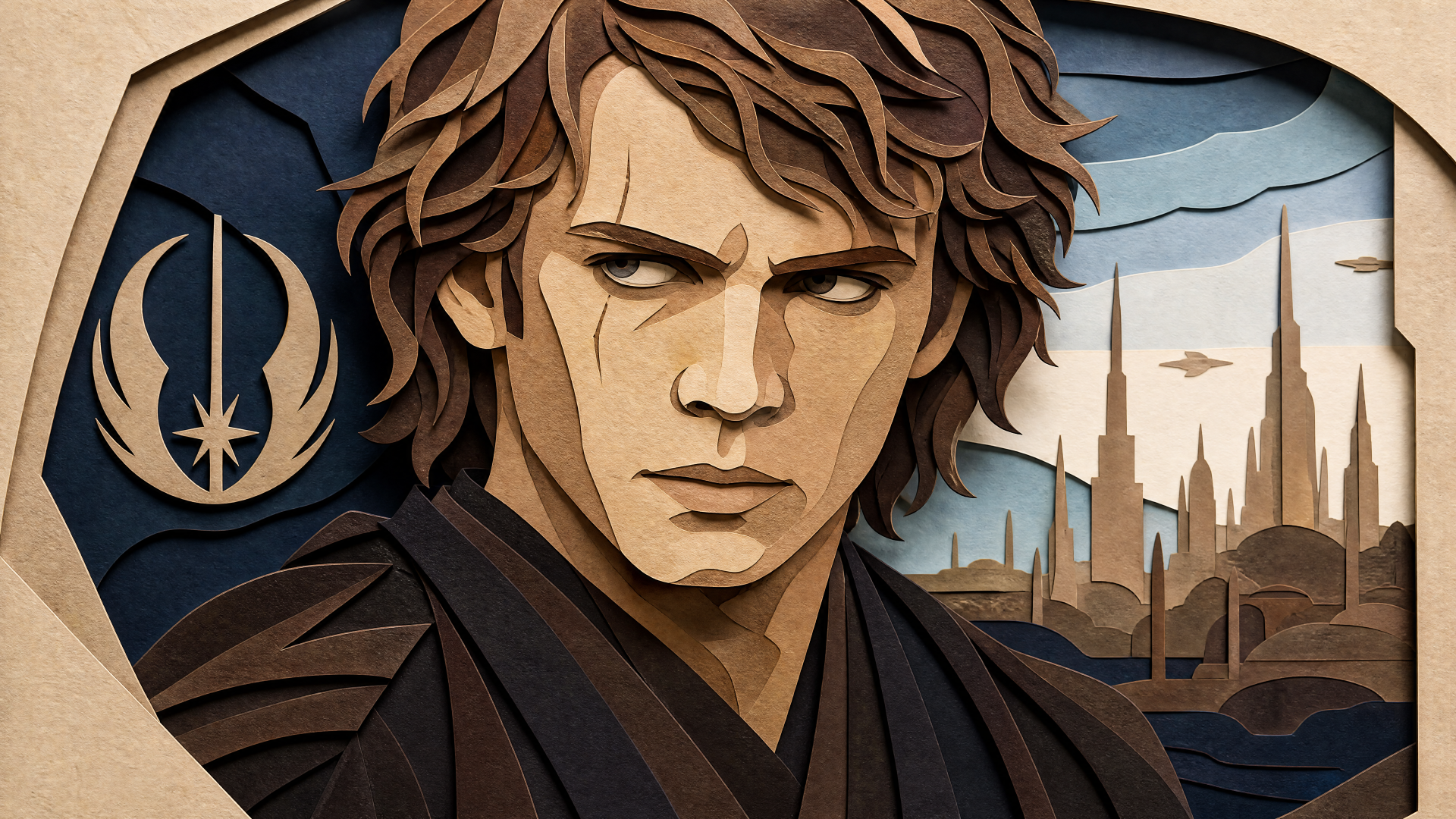 Stylized portrait of Anakin Skywalker, brooding before a Coruscant skyline and Jedi Order emblem, 4K Ultra HD PC desktop wallpaper/background.