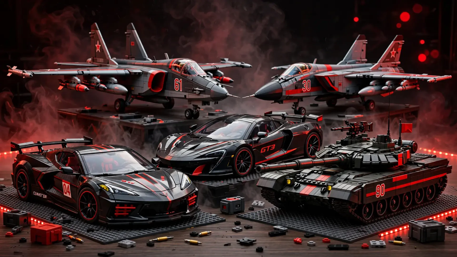 HD PC desktop wallpaper of LEGO MiG-31 and Su-25 jets, a Corvette C8, Cars (Pixar)-style race cars and a tank arranged in a dramatic red-lit diorama.