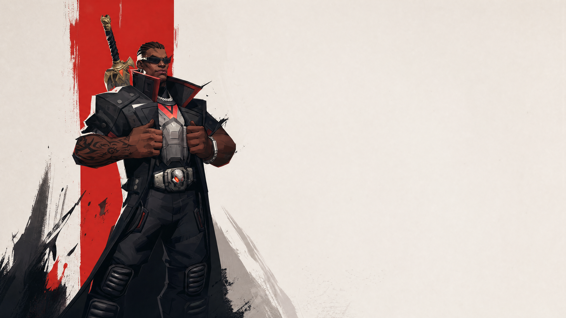 Marvel Rivals 4K Ultra HD PC desktop wallpaper and background: brooding armored hero in a black trench coat and sunglasses, pistol at his chest, red vertical stripe and paint-splatter on pale backdrop.