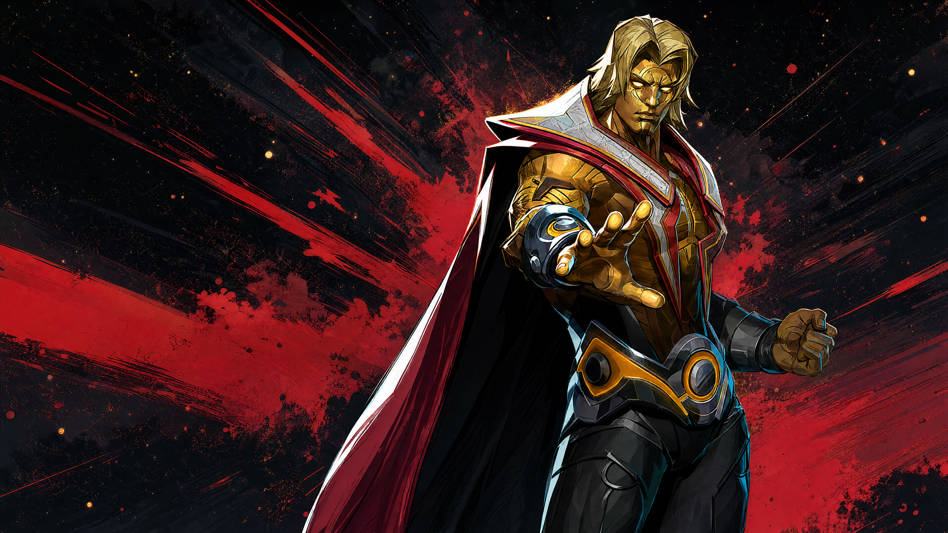 Marvel Rivals 4K Ultra HD PC desktop wallpaper: gold-armored, cape-clad cosmic warrior extending a glowing hand against a red-and-black nebula background.