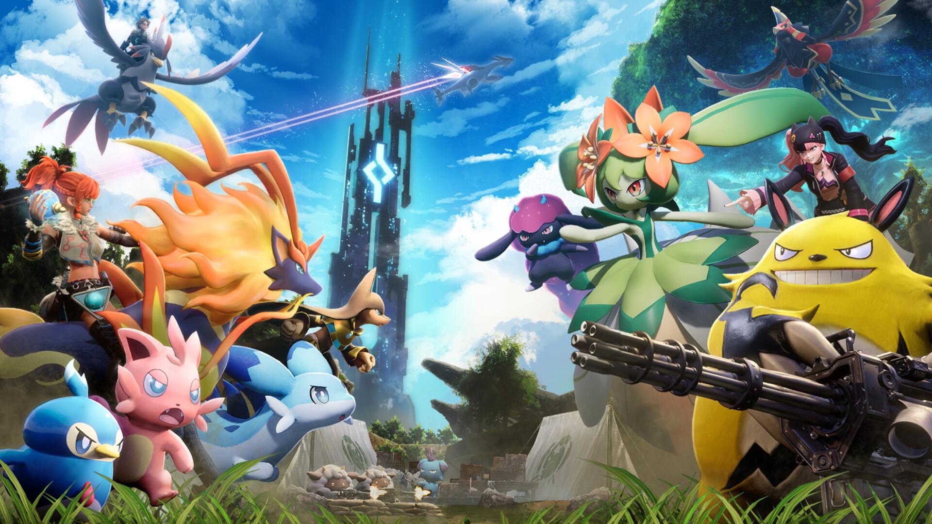 Palworld video game 2K Quad HD PC desktop wallpaper: colorful creatures and armed trainers clash on a grassy field beneath a towering futuristic spire and bright sky.
