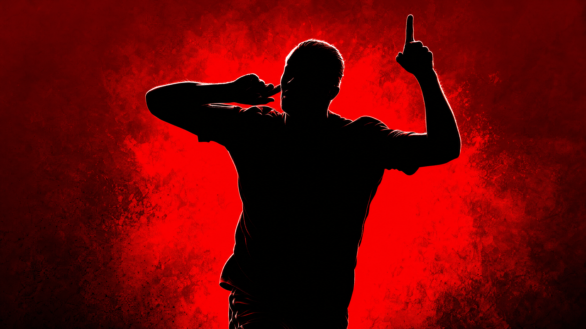 Silhouette of a celebrating footballer raising one finger against a textured red backdrop — dramatic 4K Ultra HD PC desktop wallpaper.